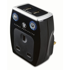Masterplug Single Socket Plug Adaptor with Surge Protection & USB - Gloss Black