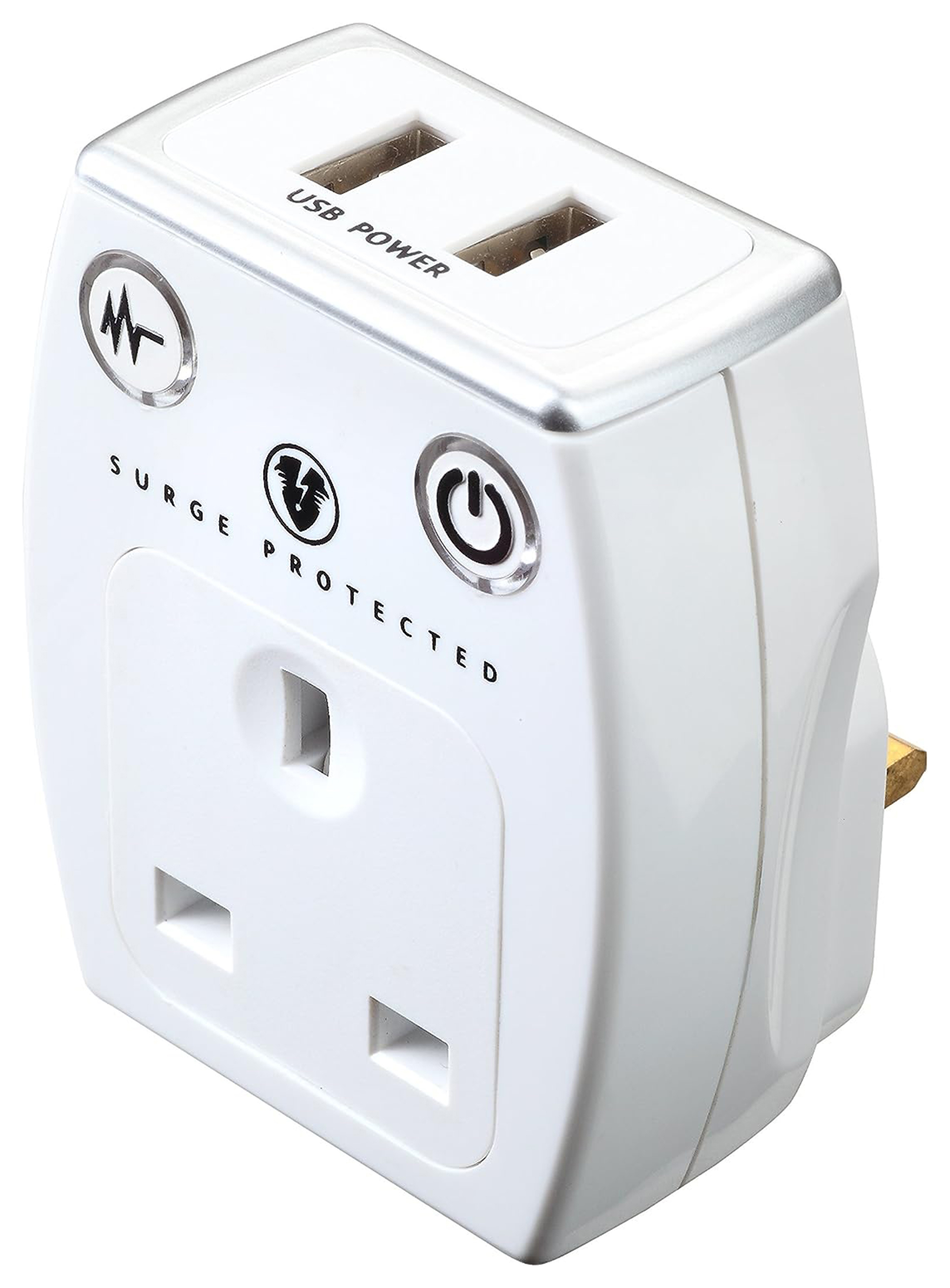 Masterplug Single Socket Plug Adaptor with Surge Protection & USB - Gloss White