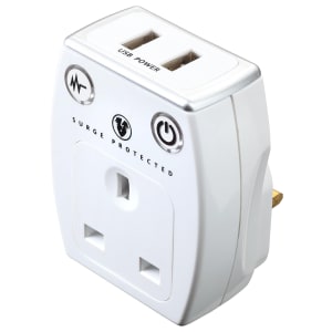 Masterplug Single Socket Plug Adaptor with Surge Protection & USB - Gloss White