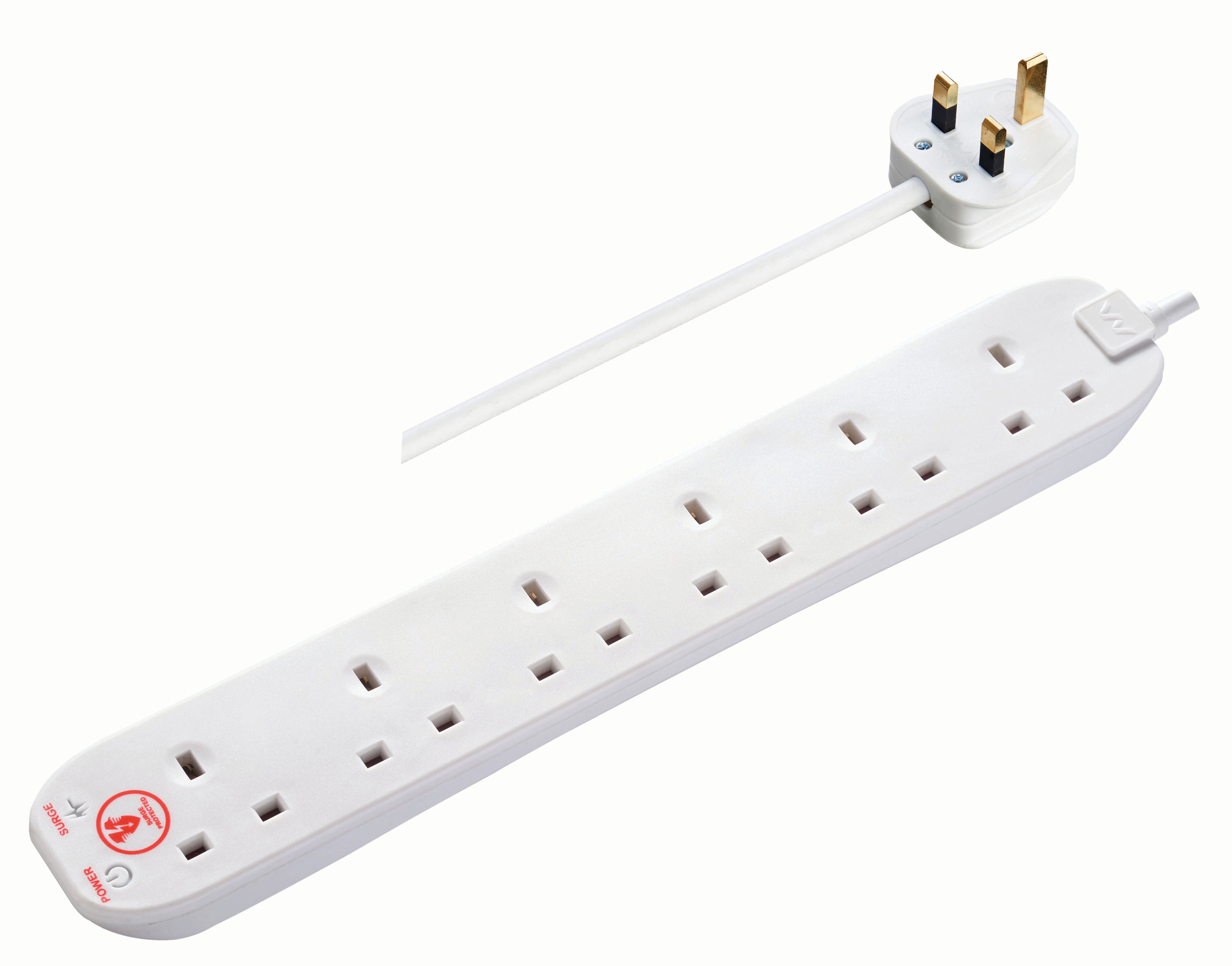 Masterplug 6 Socket Extension Lead with Surge Protection - White 2m