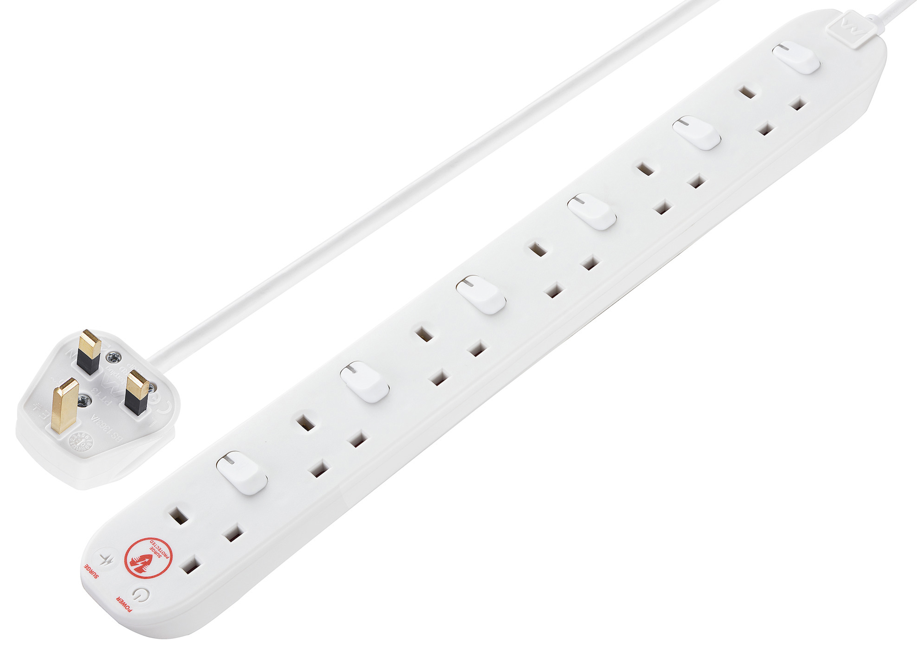 Masterplug 13A 6 Socket White Extension Lead with Surge Protection - 2m