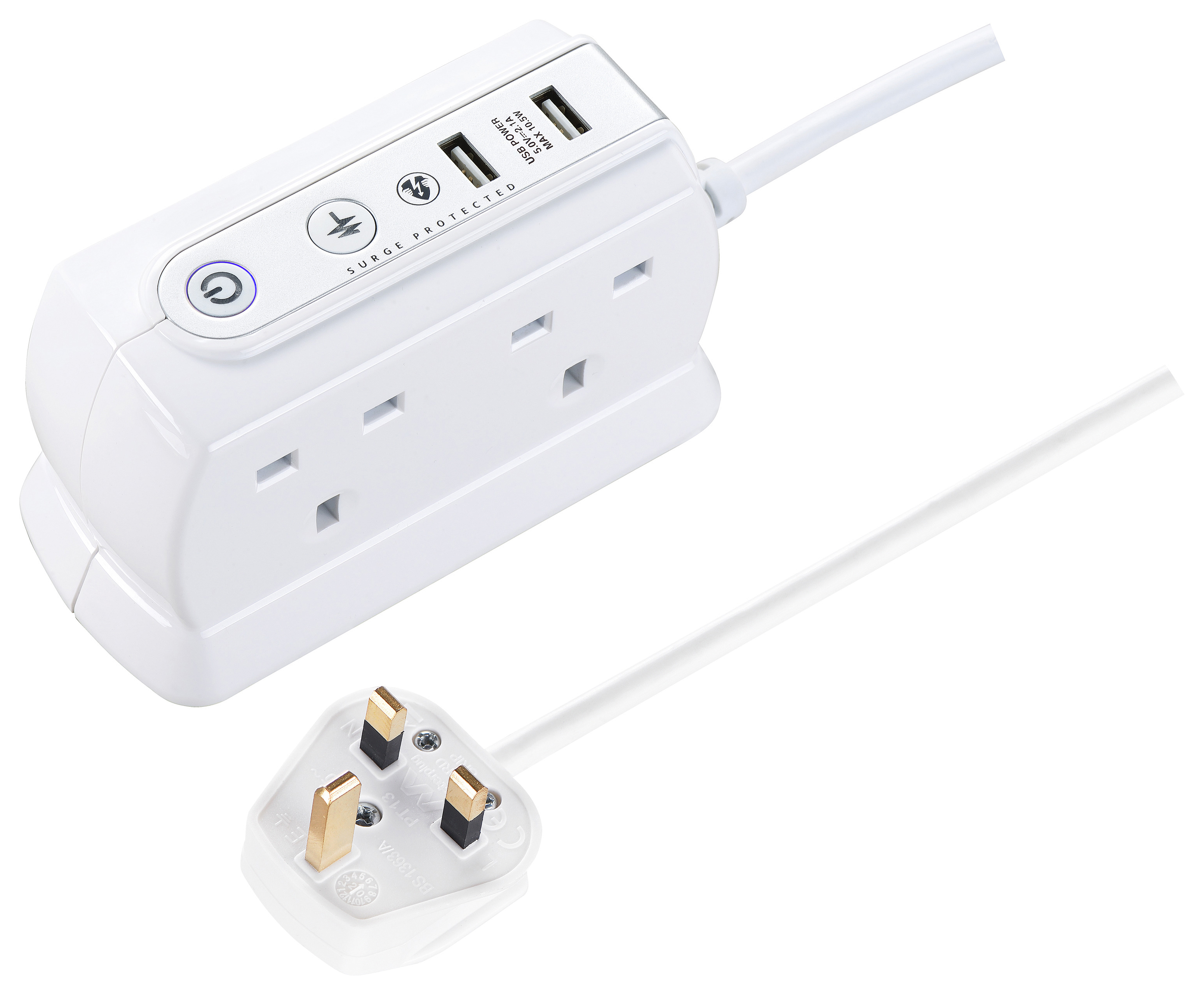 Masterplug 13A 6 Socket Back to Back White Extension Lead with USB - 1m