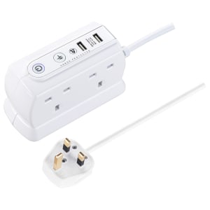 Image of Masterplug 6 Socket Back To Back Extension Lead With USB - White 1m 13A
