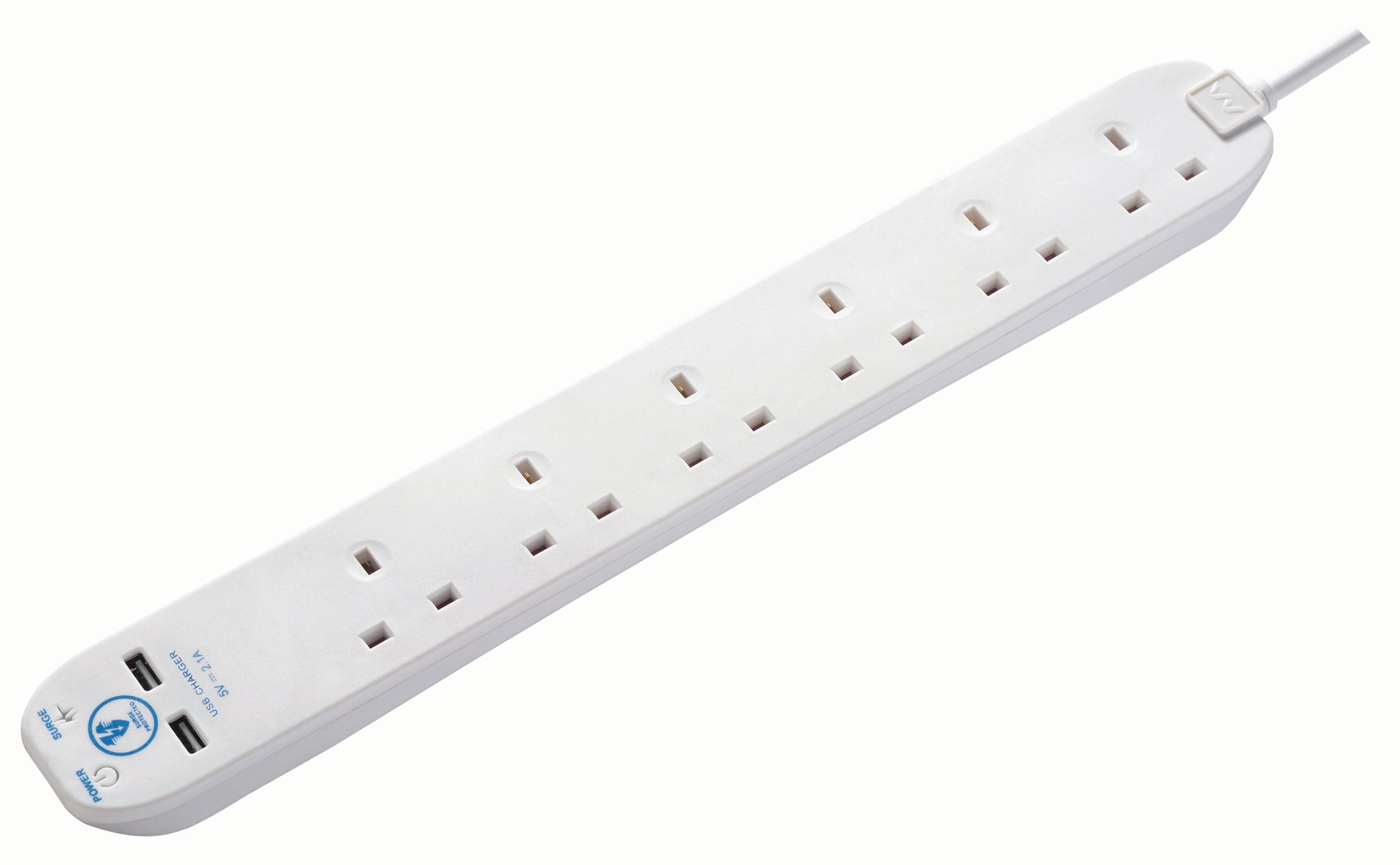 Masterplug 13A 6 Socket White Extension Lead with Surge Protection & USB - 2m