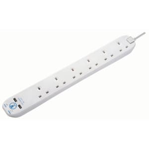 Image of Masterplug 6 Socket Extension Lead With Surge Protection & USB - White 2m 13A