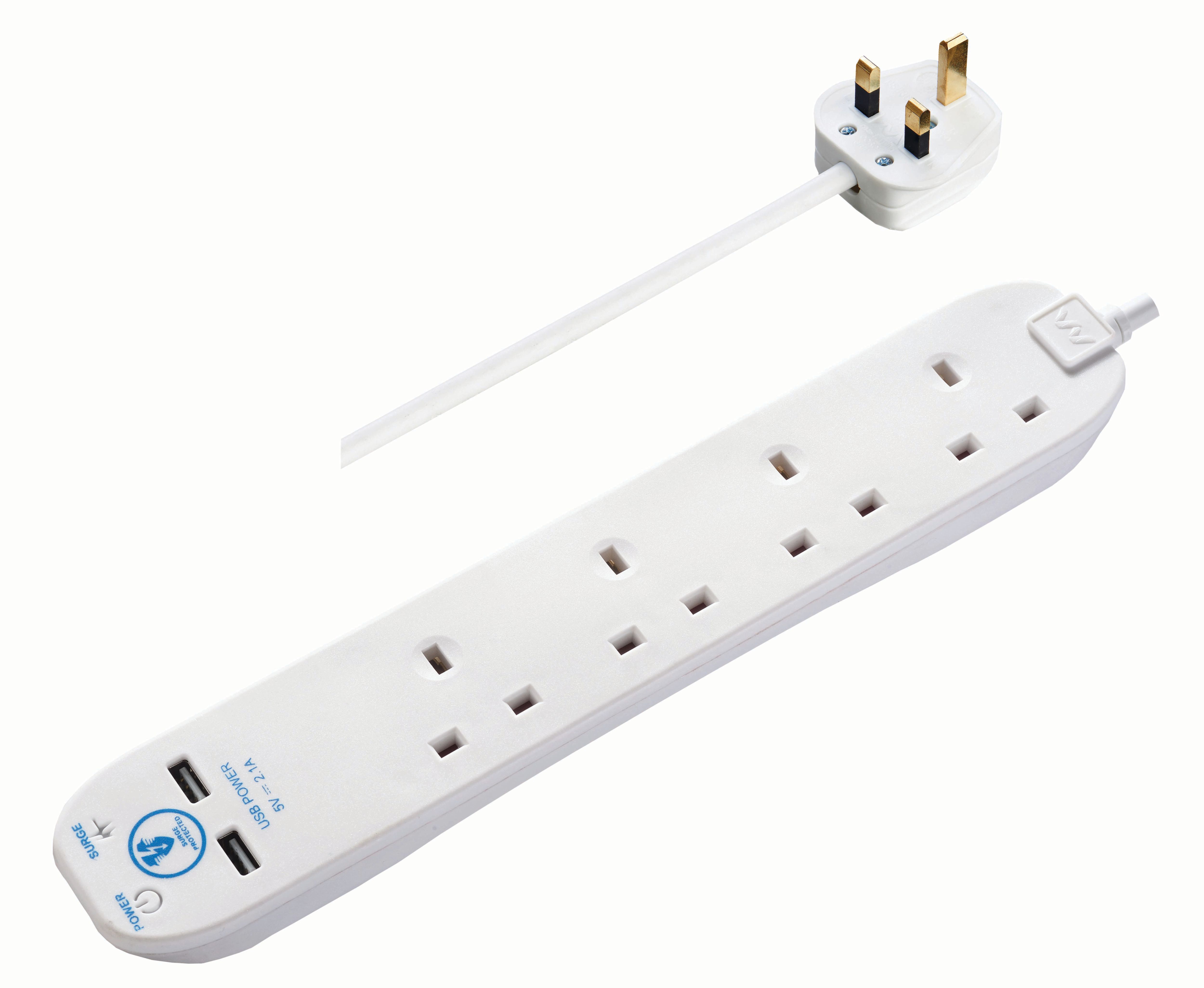 Masterplug 13A 4 Socket White Extension Lead with Surge Protection & USB - 2m