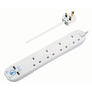 Masterplug 4 Socket Extension Lead With Surge Protection & USB - White 2m 13A