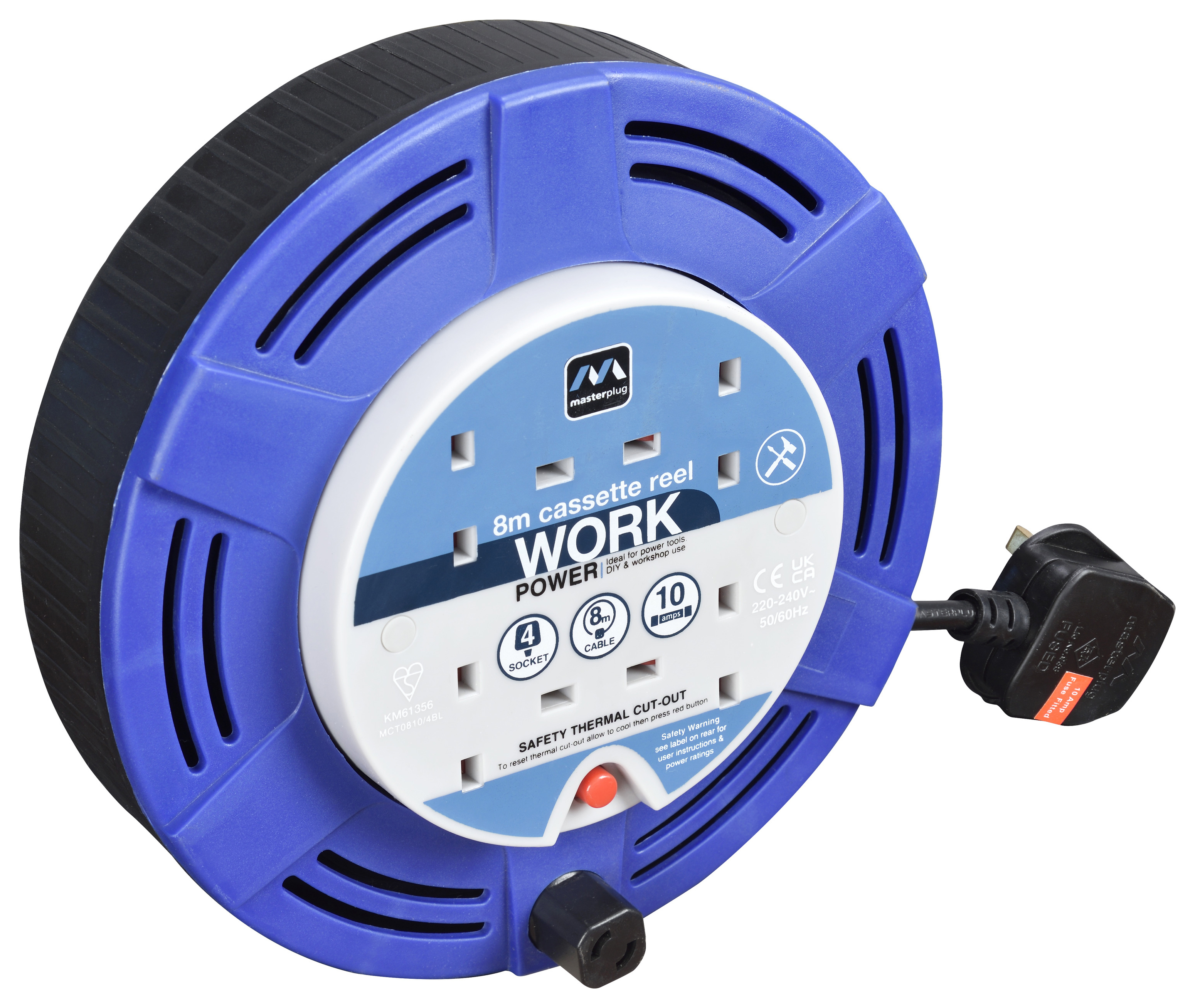 Masterplug 4 Socket 8m 10A Cassette Reel with Thermal Cut-Out - Blue