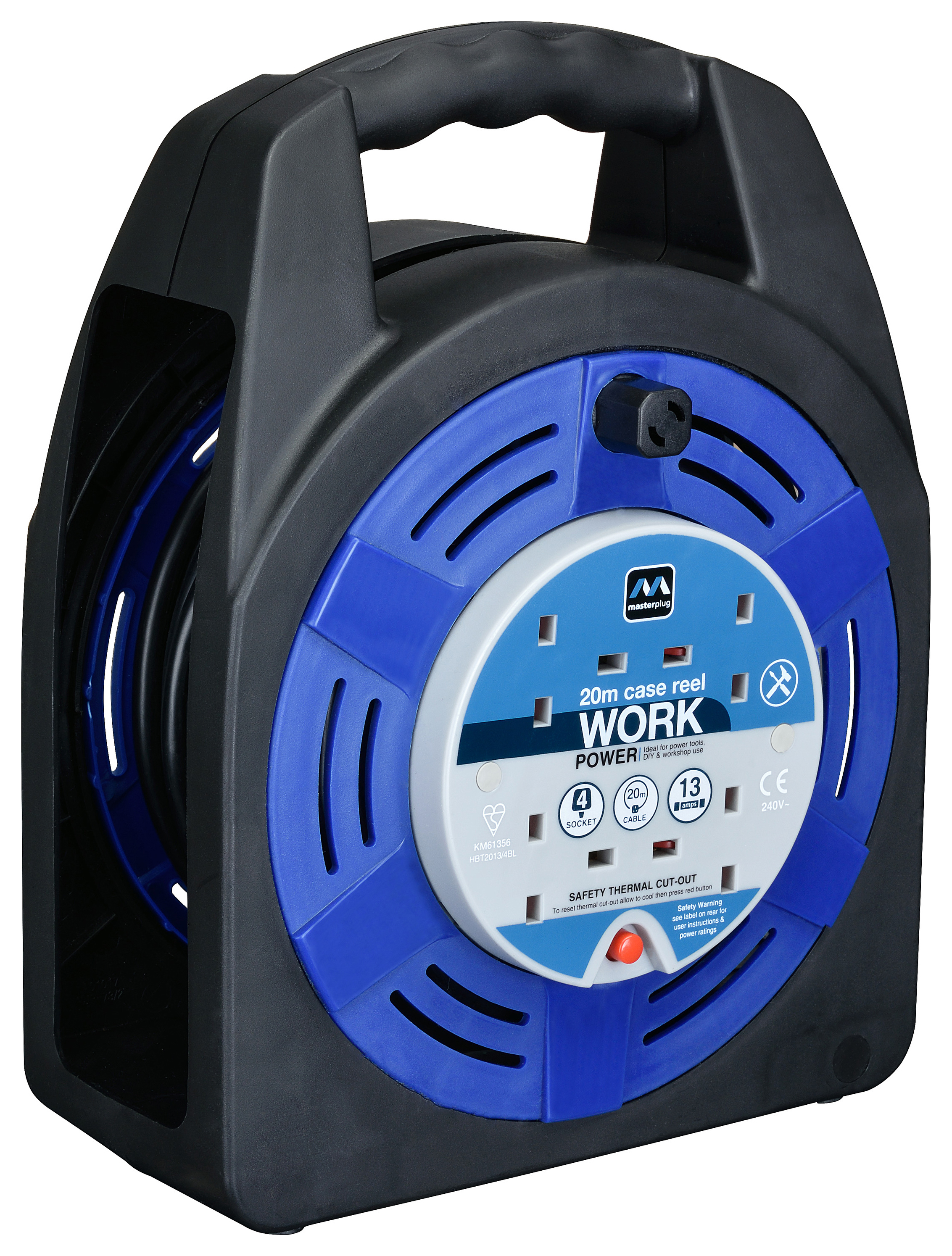 Masterplug 4 Socket 20m 10A Cable Reel with Flat Base - Blue/Black