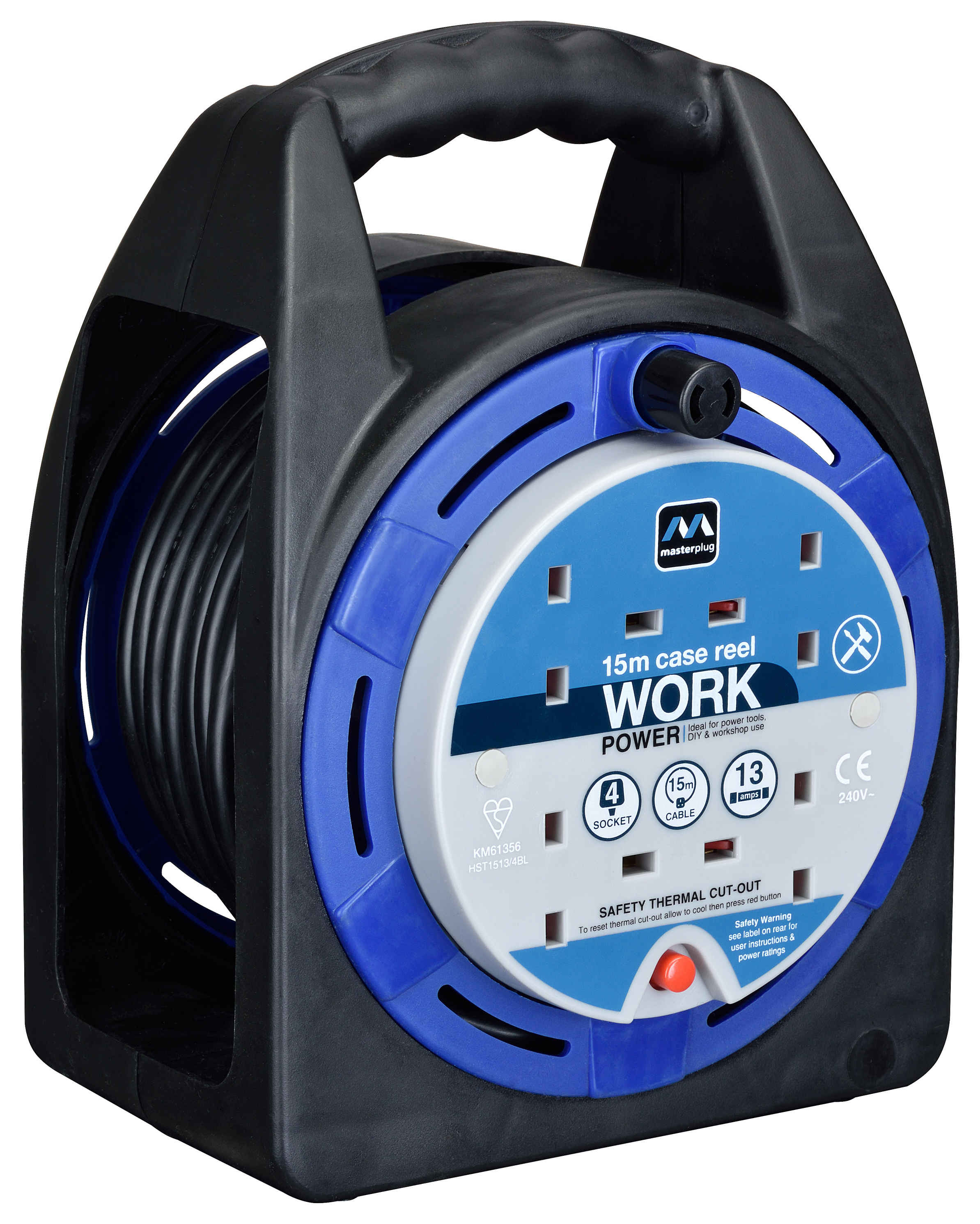 Masterplug 4 Socket 15m 10A Cable Reel with Thermal Cut-Out - Blue