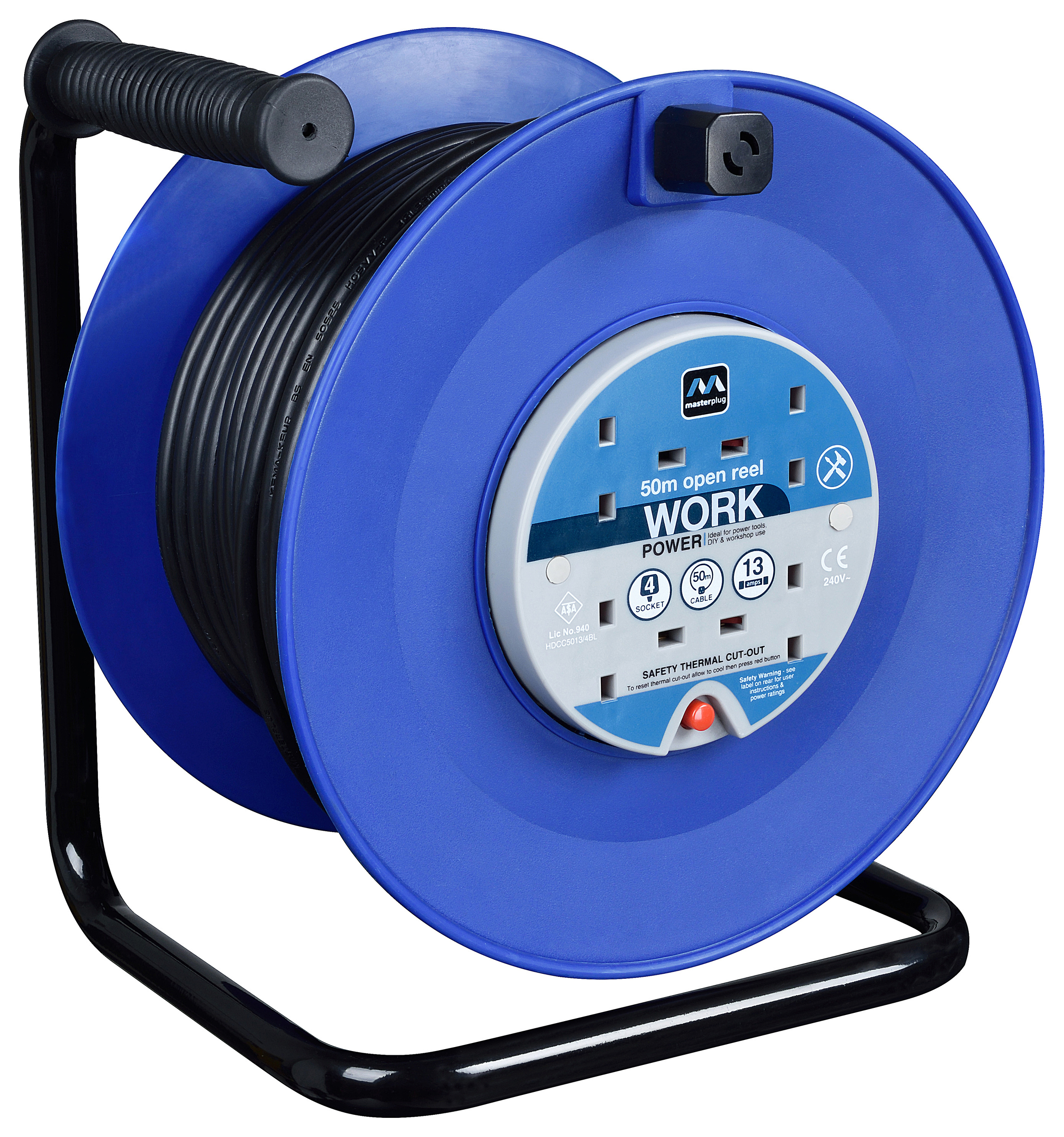 Masterplug 4 Socket 50m 13A Heavy Duty Open Cable Reel - Blue/Black