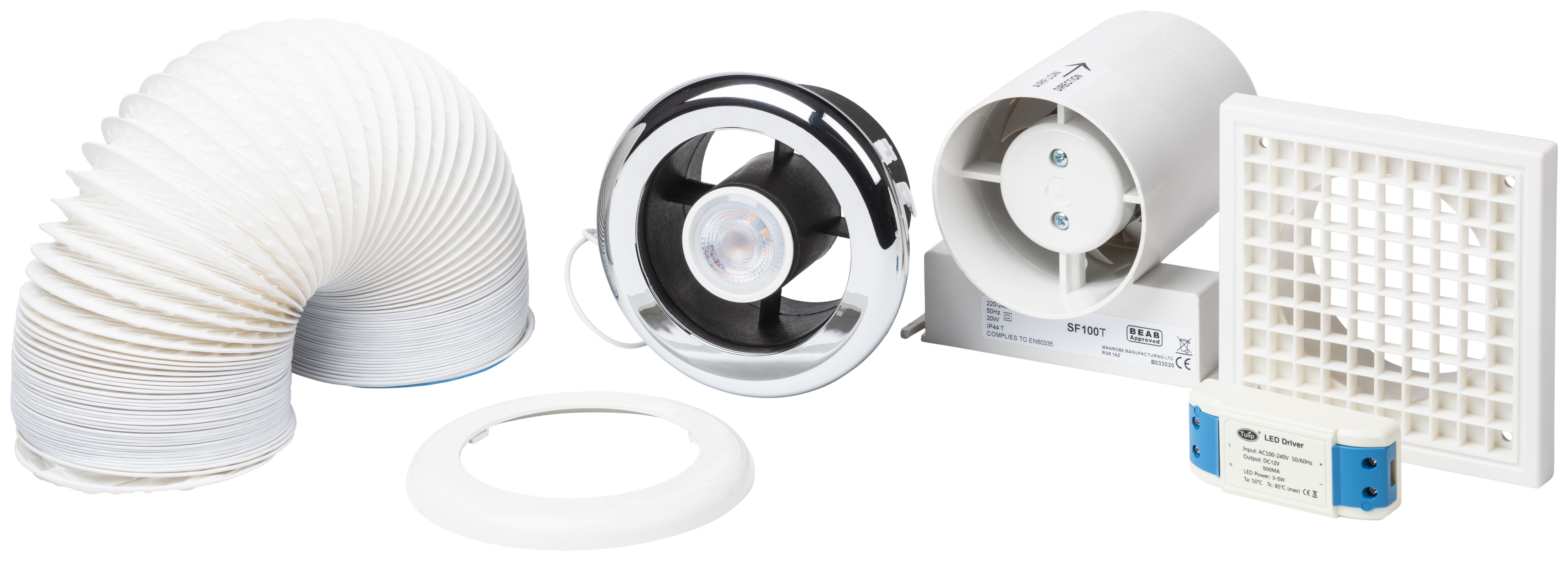 Manrose White In-Line Shower Fan Light Kit with Timer & LED - 100mm