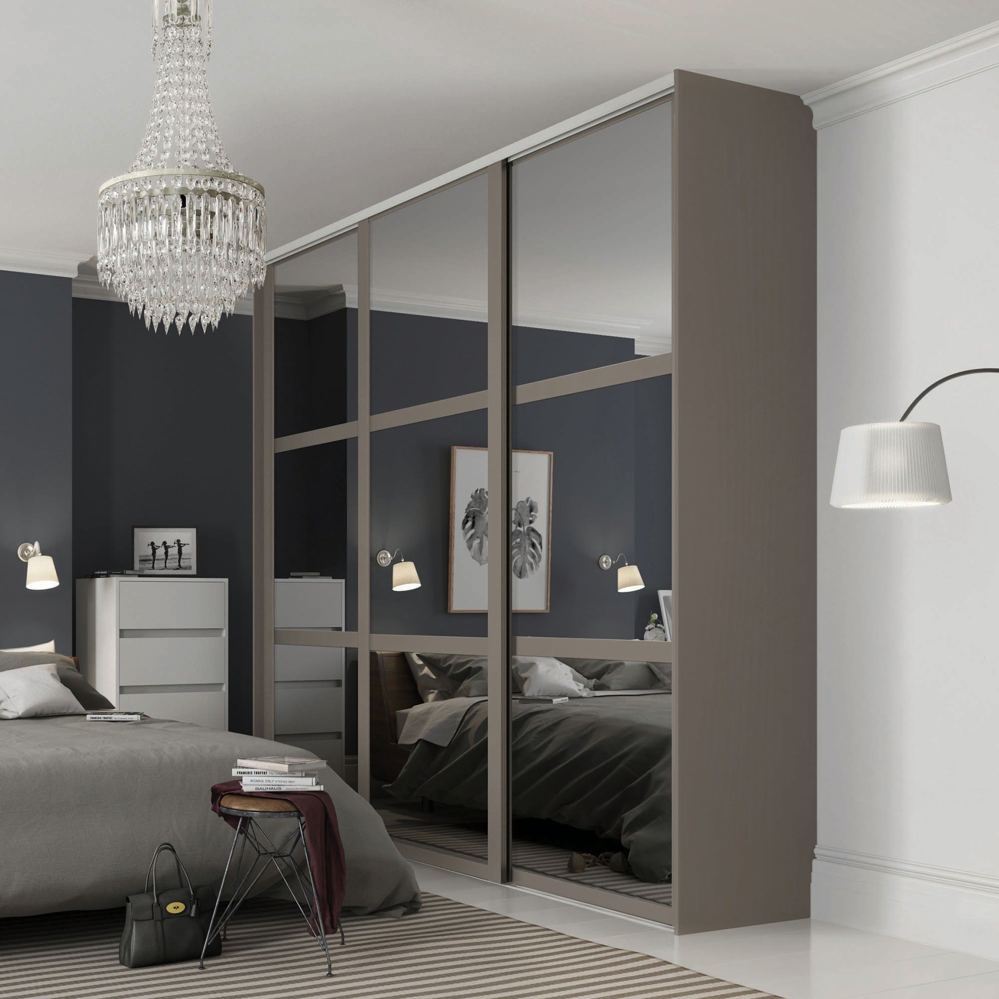 Spacepro 3 Panel Shaker Stone Grey Frame Mirror Door - 914mm