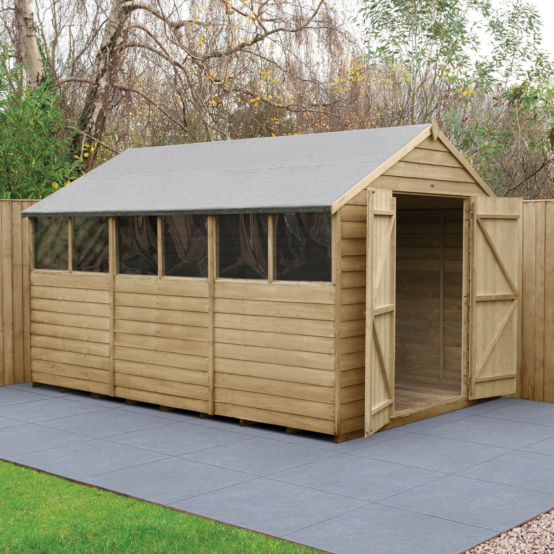 Image of Forest Garden 12 x 8ft Large Double Door Overlap Apex Pressure Treated Shed with Assembly