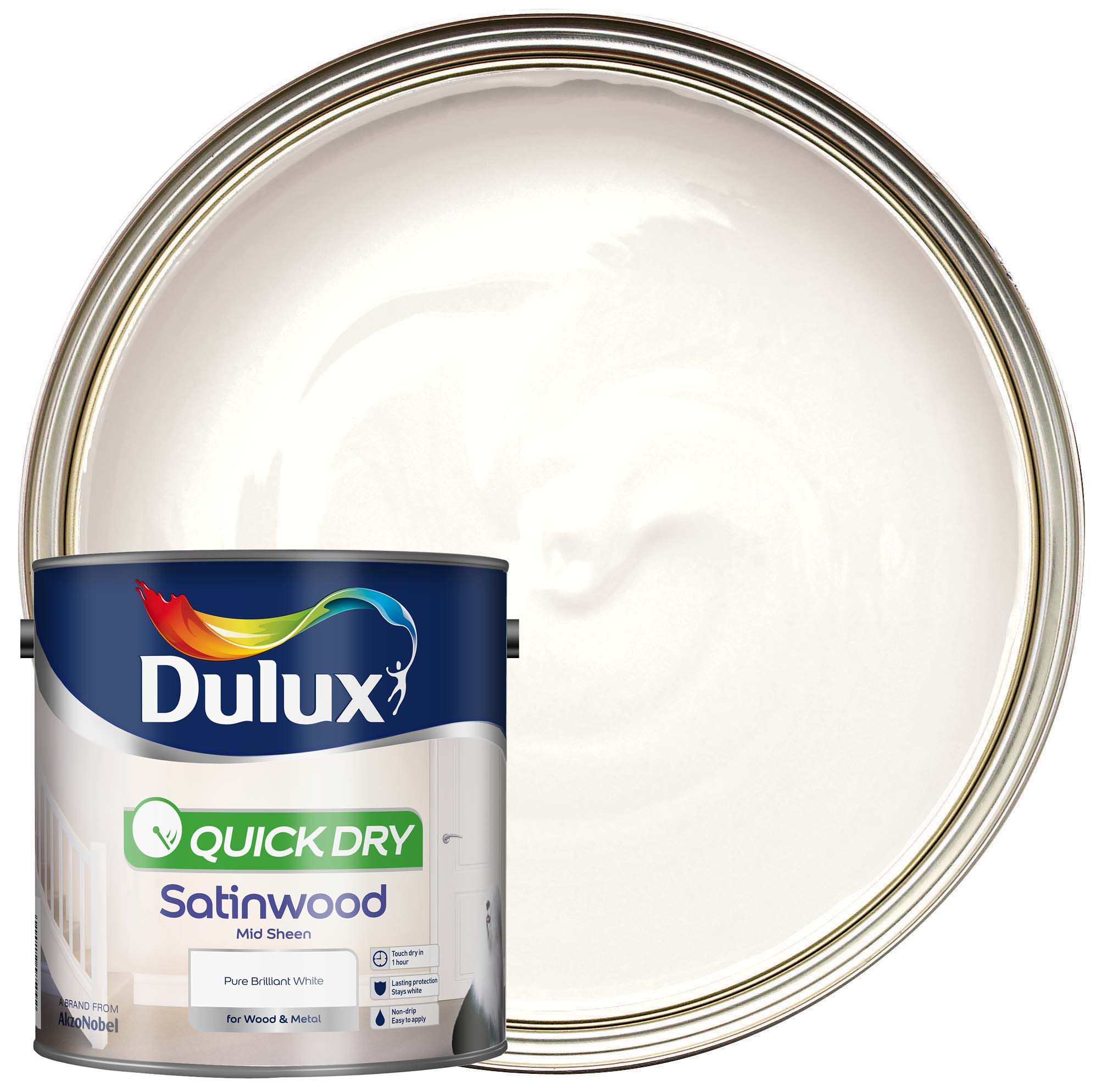 Image of Dulux Quick Dry Satinwood Paint - Pure Brilliant White - 2.5L