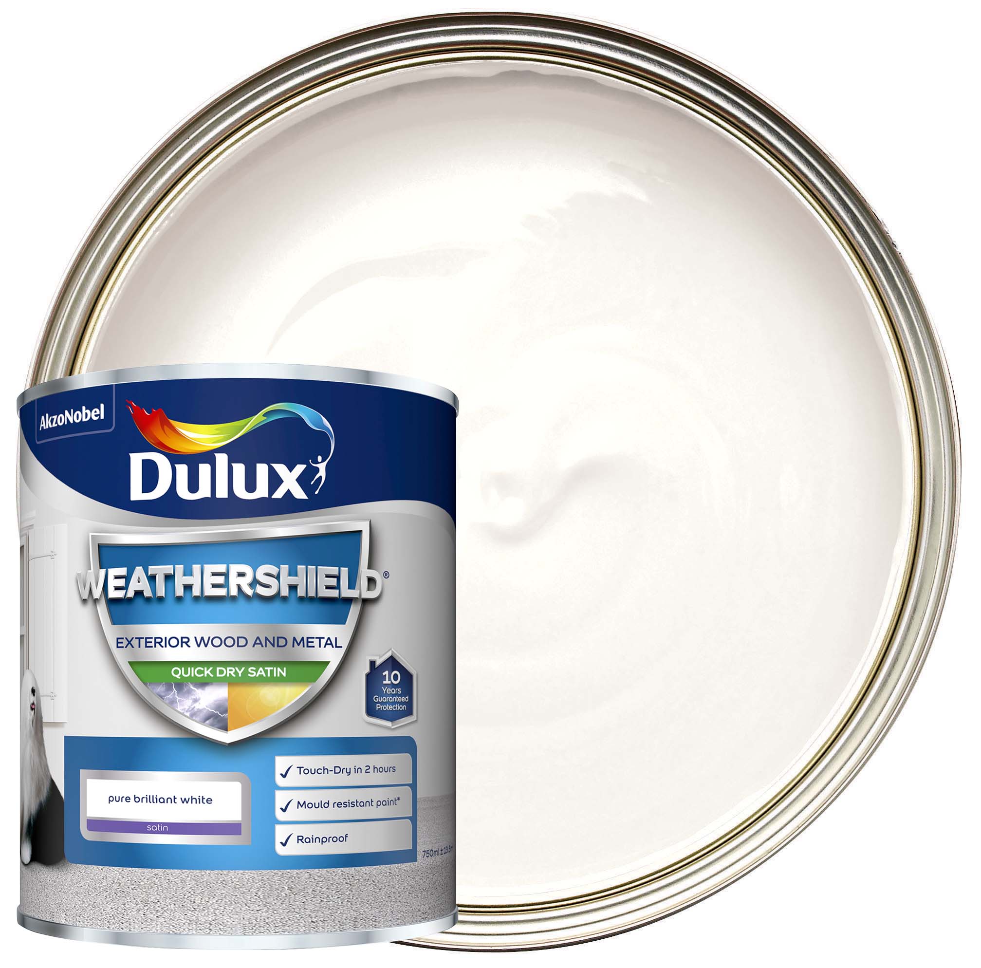 Image of Dulux Weathershield Quick Dry Satin Paint - Pure Brilliant White - 750ml
