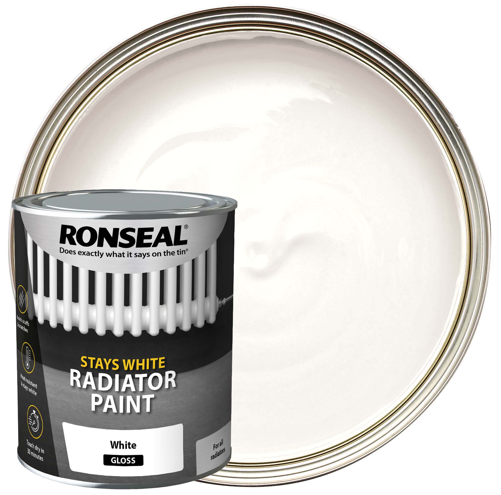 Image of Ronseal Stays White Radiator Paint White Gloss 750ml