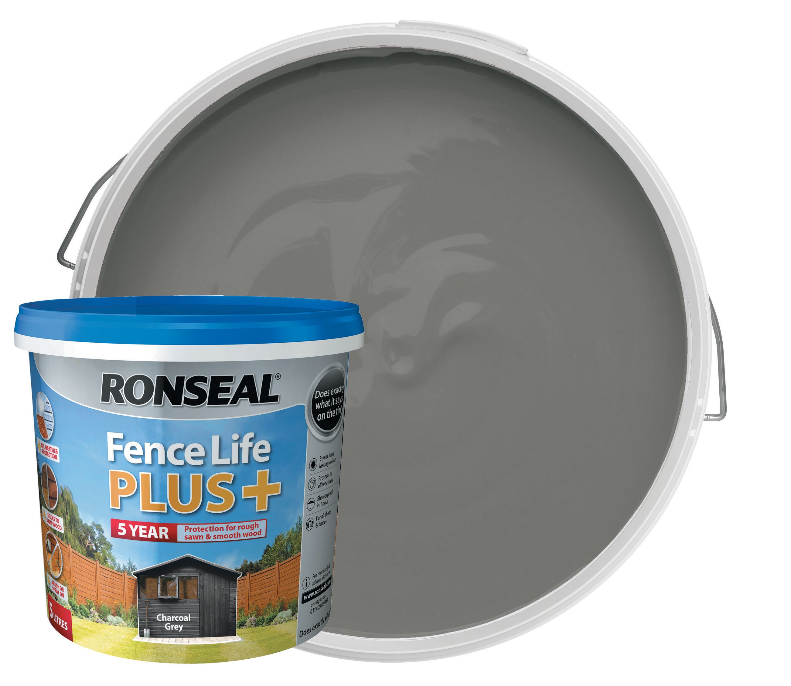 Image of Ronseal Fence Life Plus Matt Shed & Fence Treatment - Charcoal Grey 5L