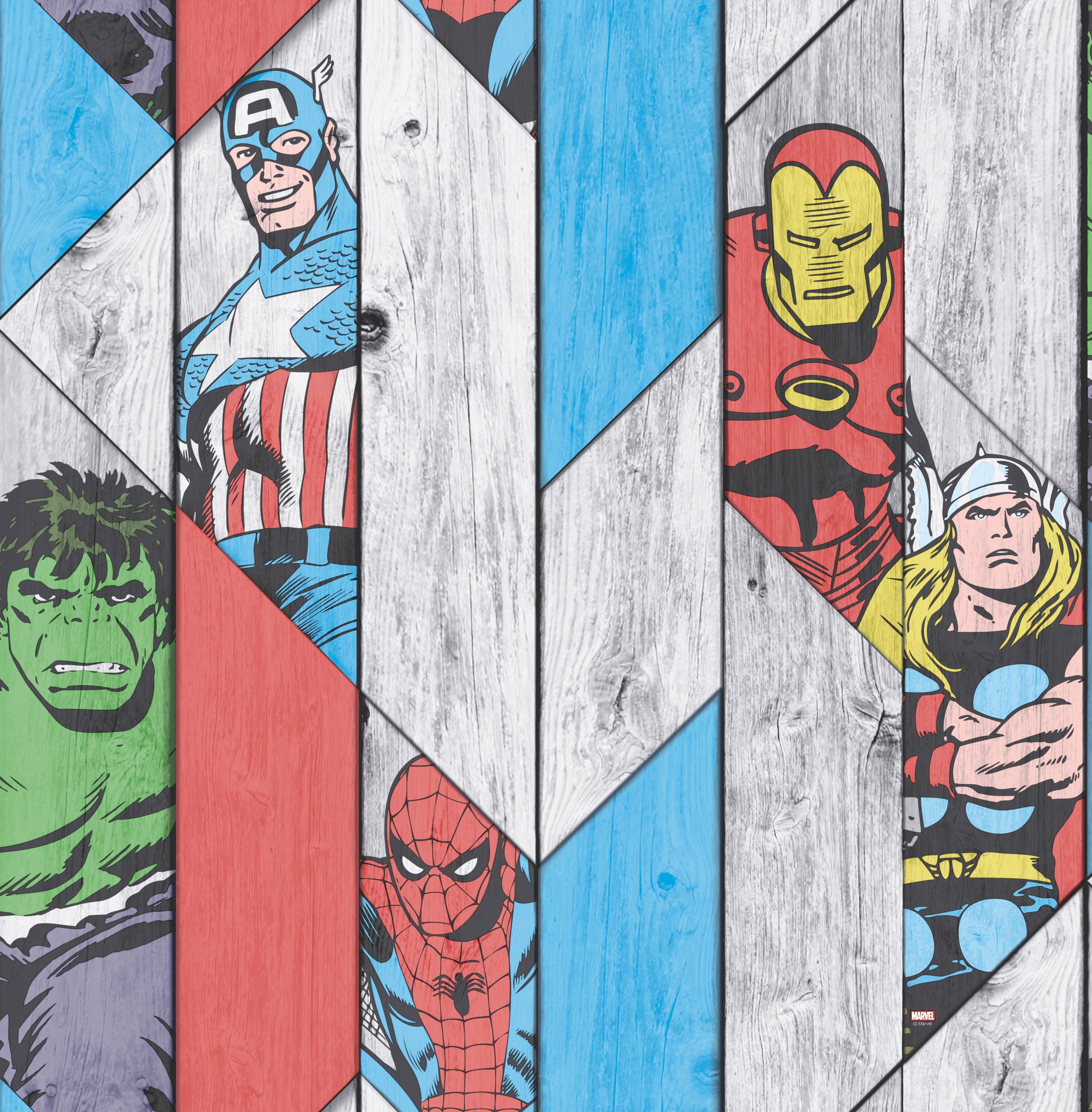 Image of Marvel Superheroes Grey Wood Panel Effect Decorative Wallpaper - 10m