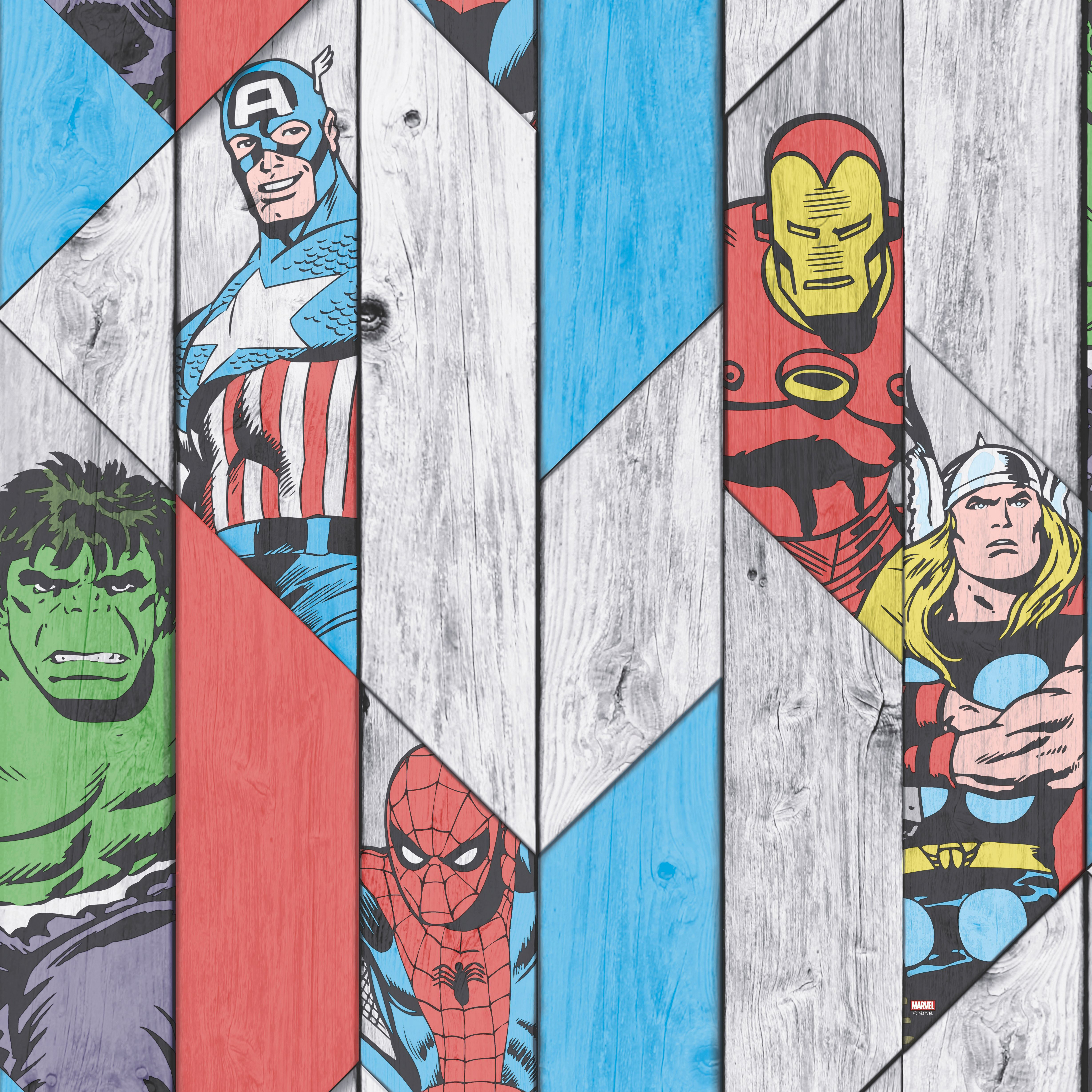 Image of Marvel Superheroes Grey Wood Panel Effect Decorative Wallpaper - 10m