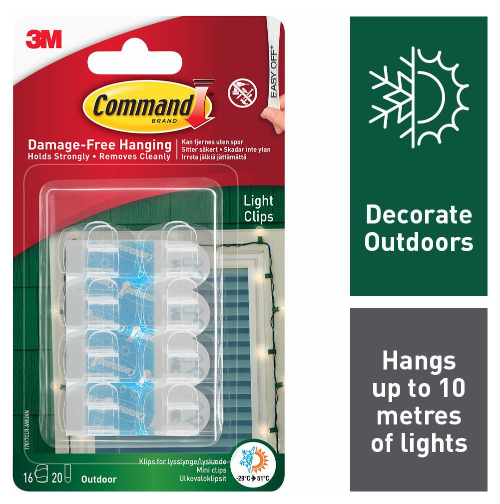 Command Clear Outdoor Light Clips - Pack of 16 Clips & 20 Strips