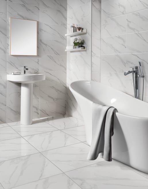 Wickes Calacatta Gloss White Marble Effect Glazed Porcelain Wall Floor Tile 605 X 605mm Co Uk - White Marble Effect Wall Tiles Bathroom