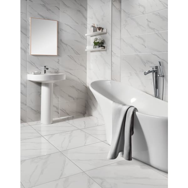 Calacatta Gloss White Marble Effect Glazed Porcelain Tile - 605 x 605mm