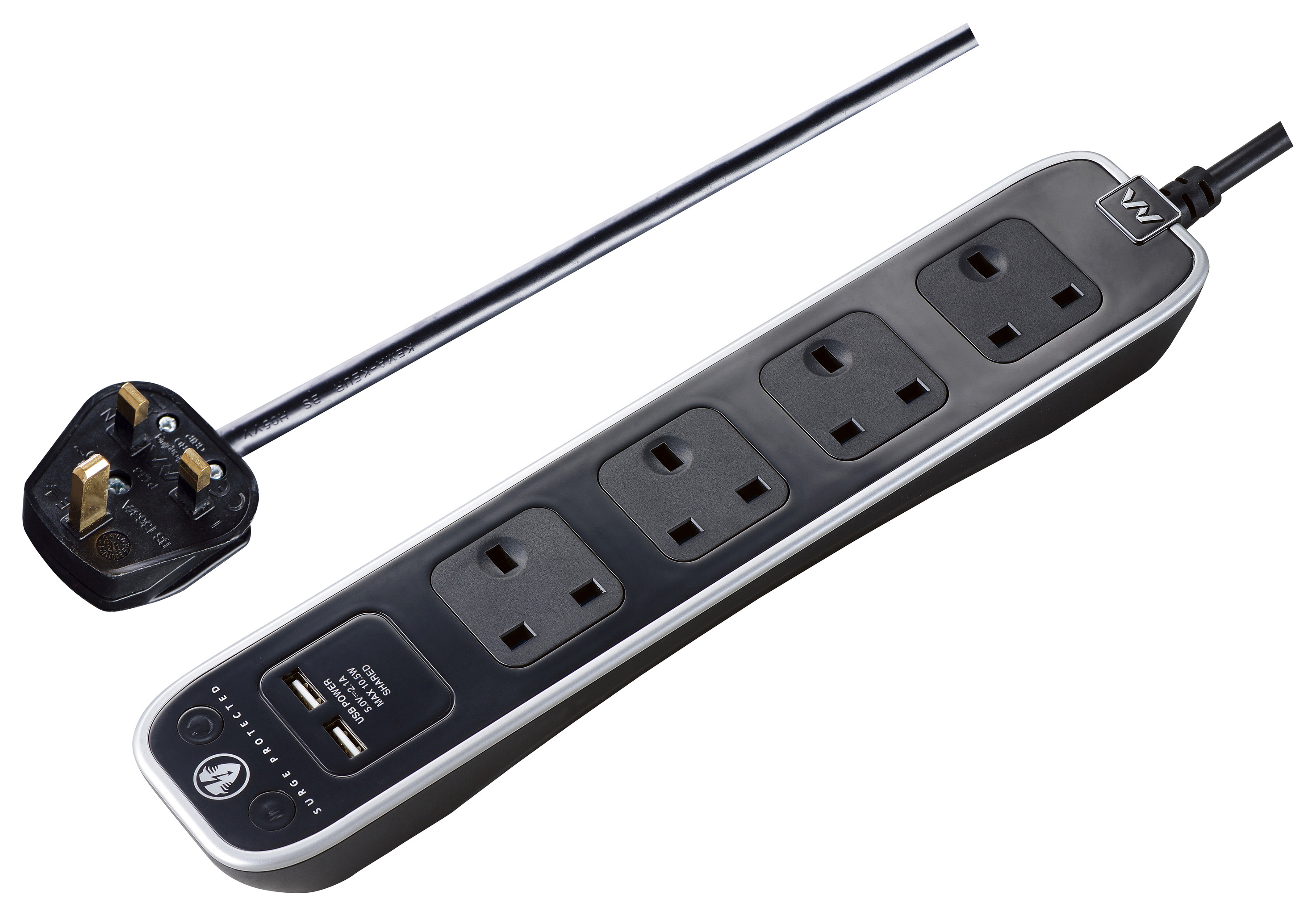 Masterplug 13A 4 Socket Black Extension Lead with Surge Protection & USB - 1m