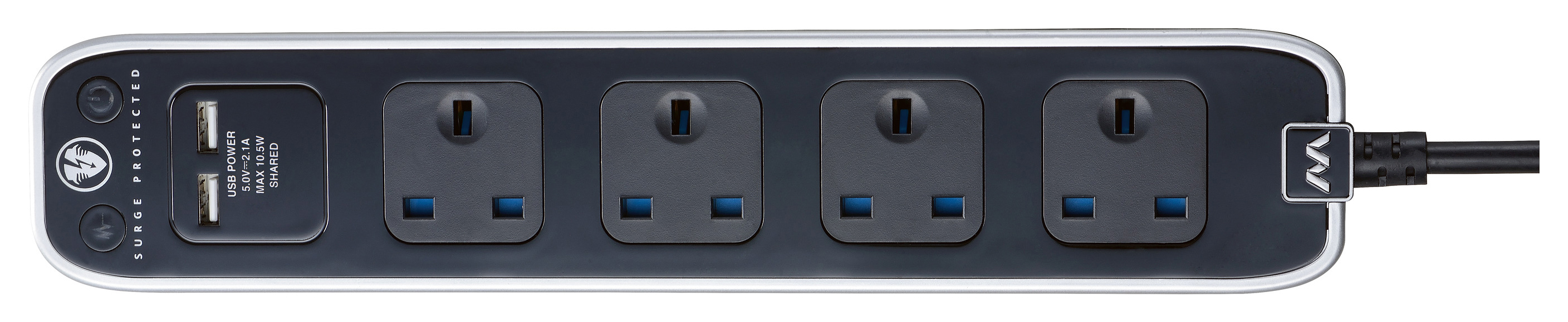 Image of Masterplug 4 Socket Extension Lead With Surge Protection And USB - Black 1m 13A