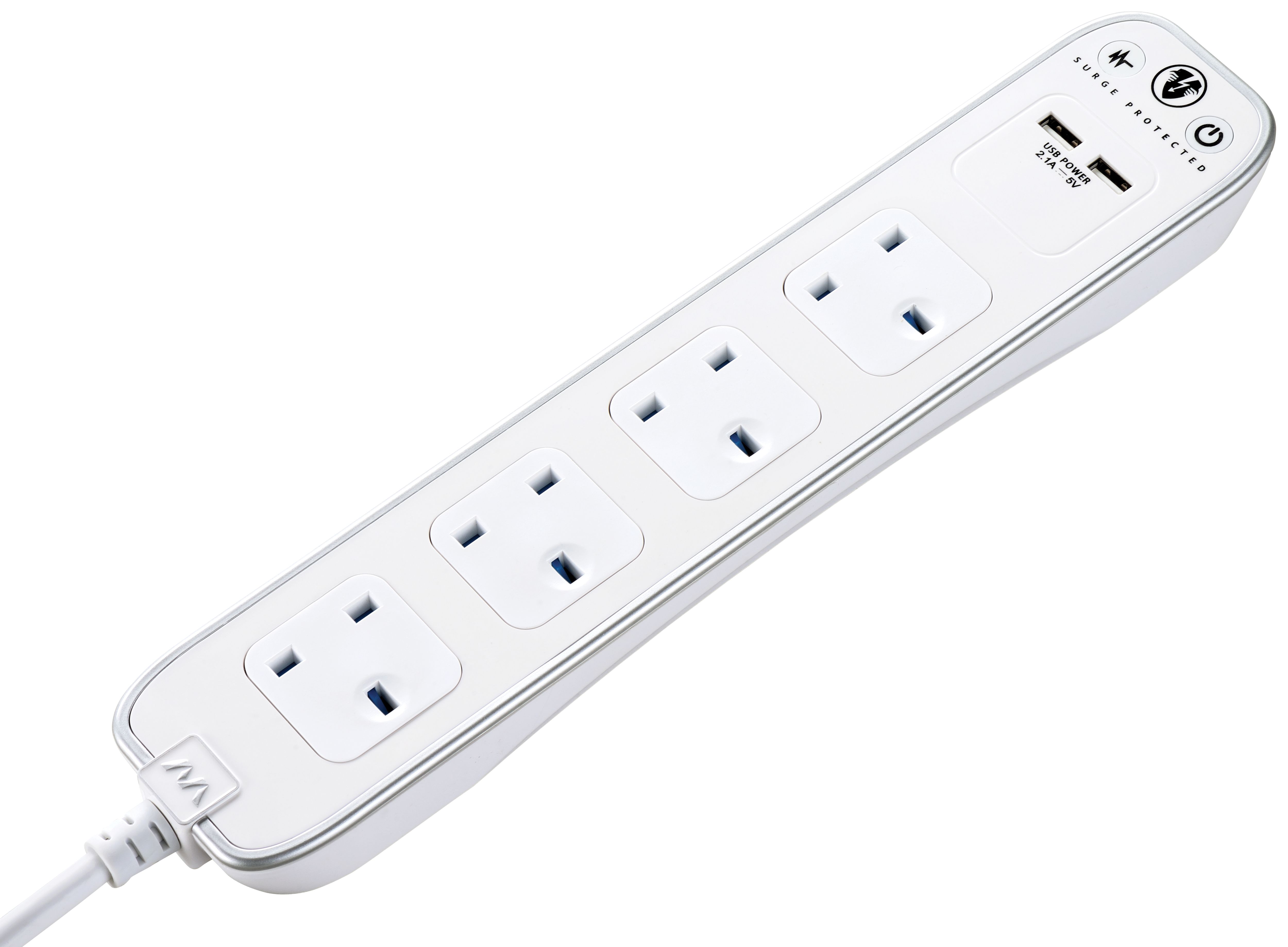 Image of Masterplug 4 Socket Extension Lead With Surge Protection And USB - White 1m 13A