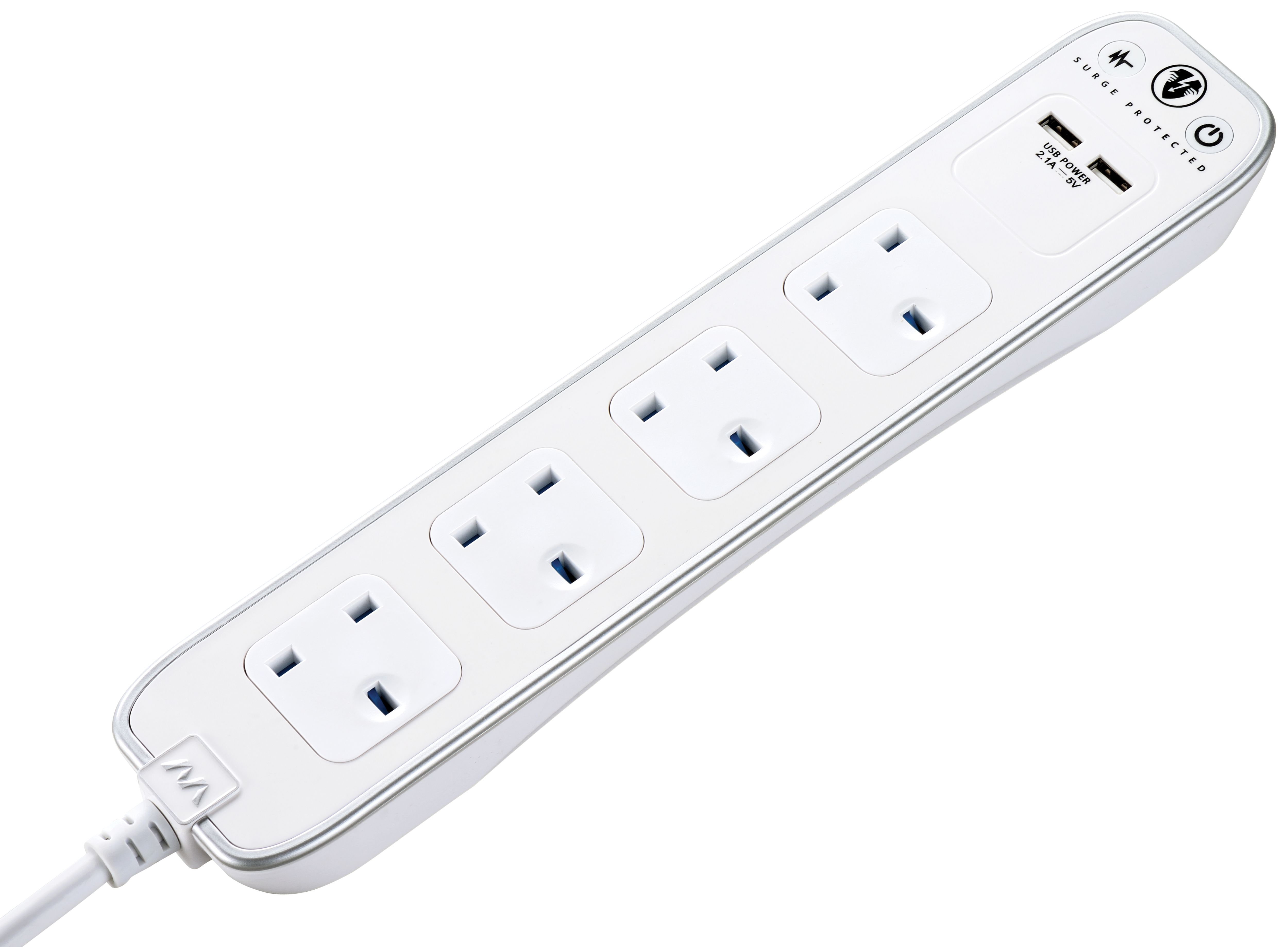 Masterplug 4 Socket Extension Lead With Surge Protection And USB - White 1m 13A