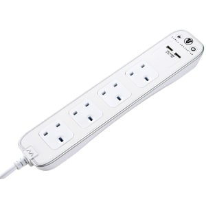 Masterplug 13A 4 Socket White Extension Lead with Surge Protection And USB - 1m