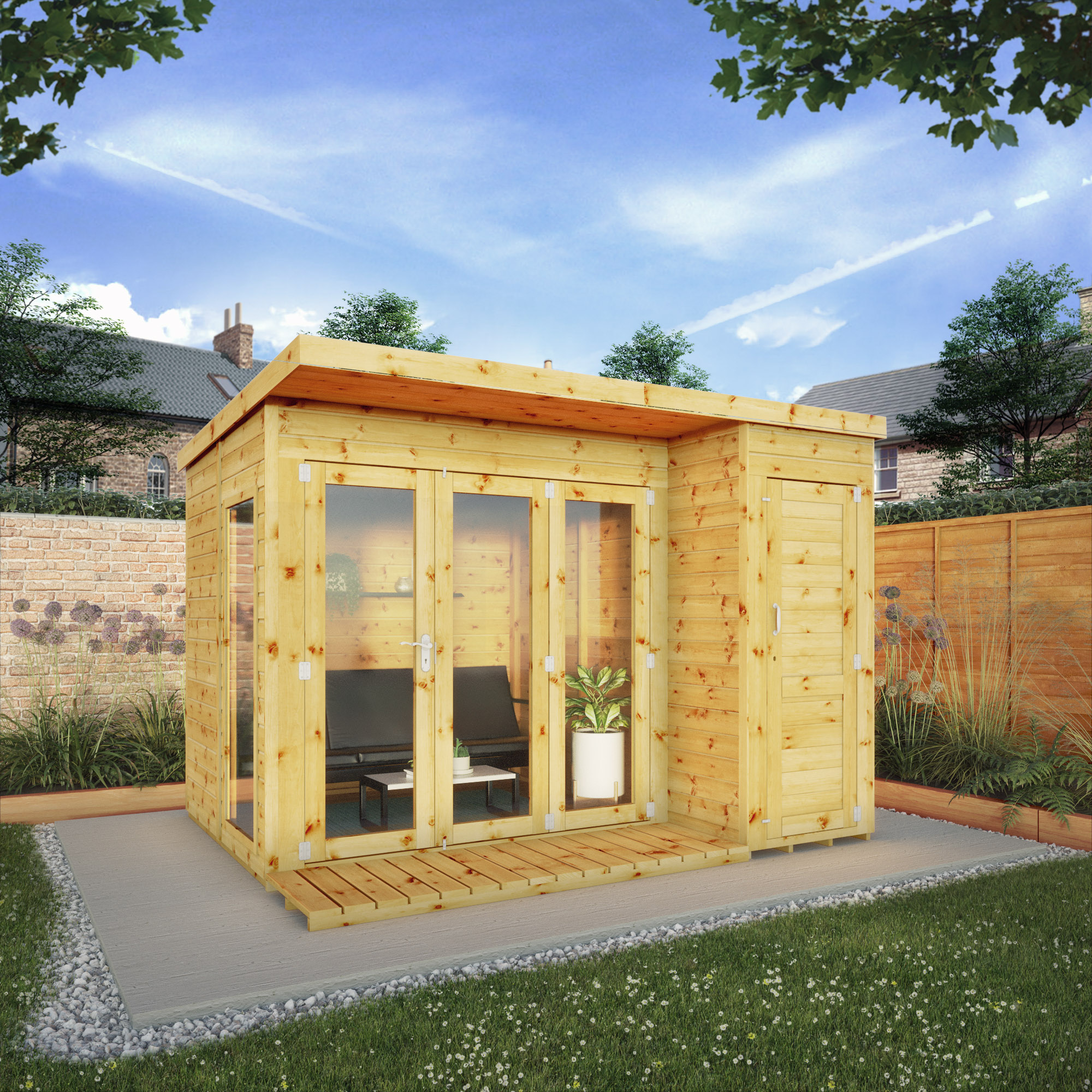 Mercia 10 x 8 ft Large Room Garden Office with Side Shed & Bi-Fold Doors