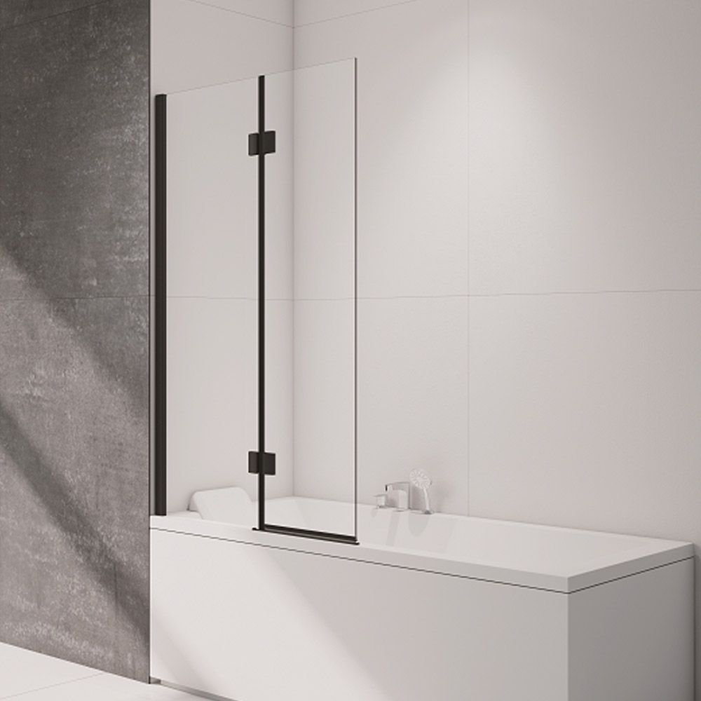 Image of Nexa By Merlyn 8mm 2 Panel Square Hinged Left Hand Black Bath Screen - 1500 x 900mm