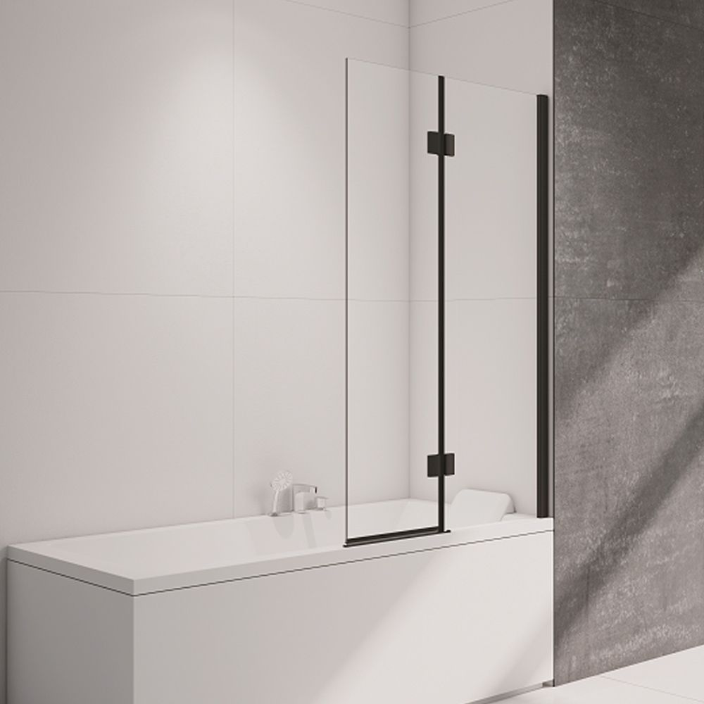 Image of Nexa By Merlyn 8mm 2 Panel Square Hinged Right Hand Black Bath Screen - 1500 x 900mm