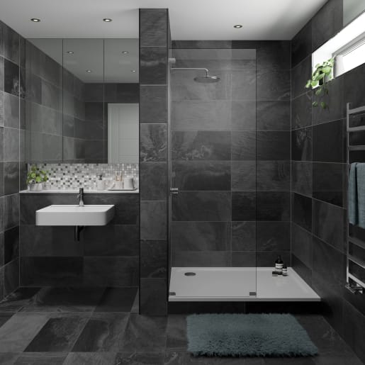 Wickes Black Slate Effect Ceramic Wall, Black Tile Flooring Bathroom