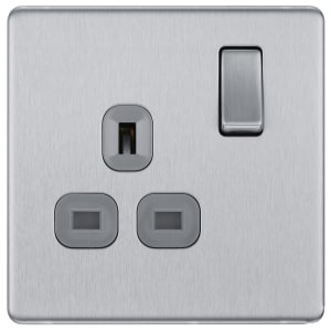 BG Screwless Flatplate Brushed Steel Single Switched 13A Power Socket Double Pole