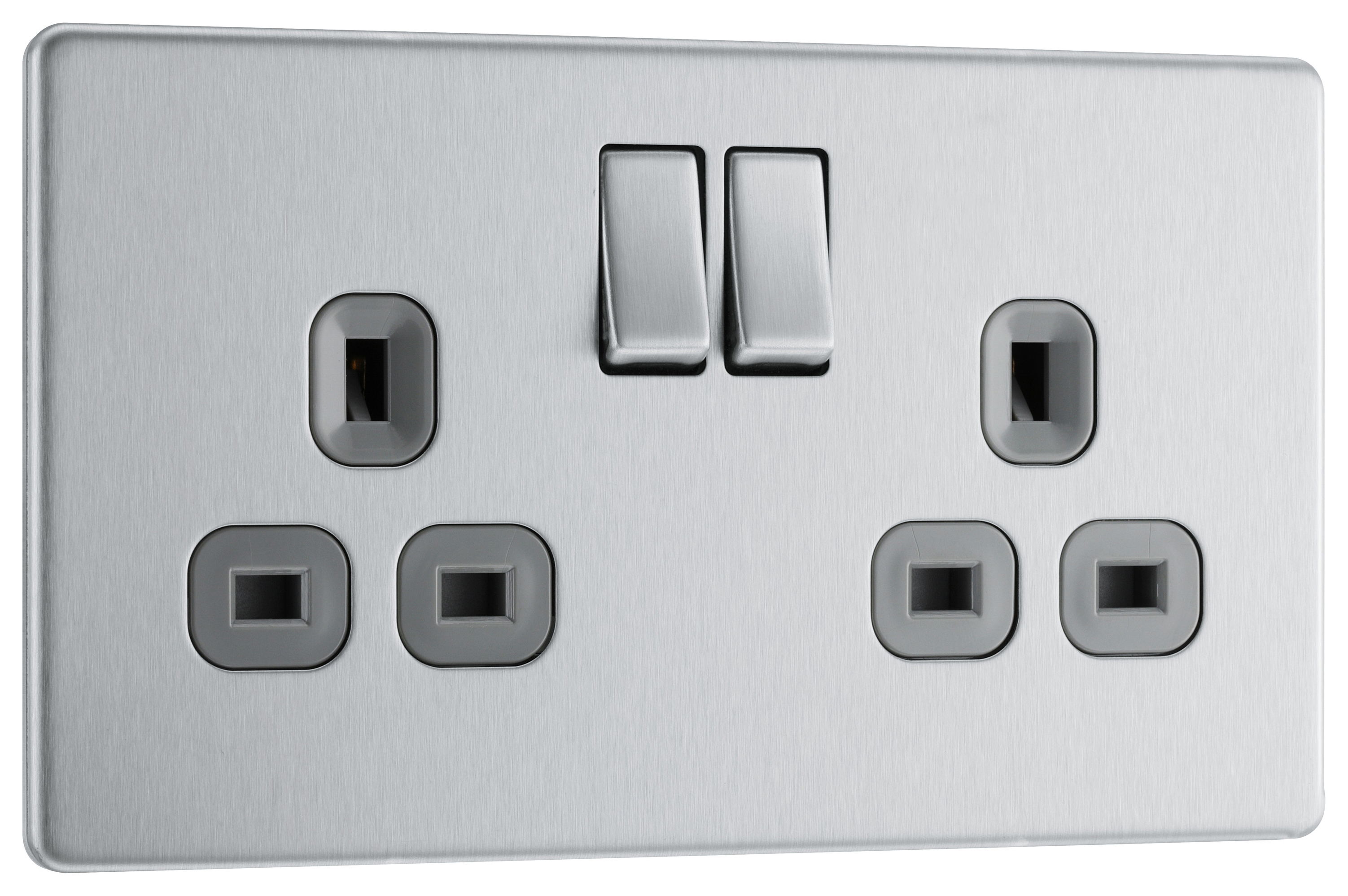 BG Screwless Flatplate Brushed Steel Double Switched 13A Power Socket Double Pole