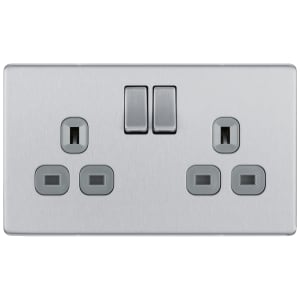BG Screwless Flatplate Brushed Steel Double Switched 13A Power Socket Double Pole