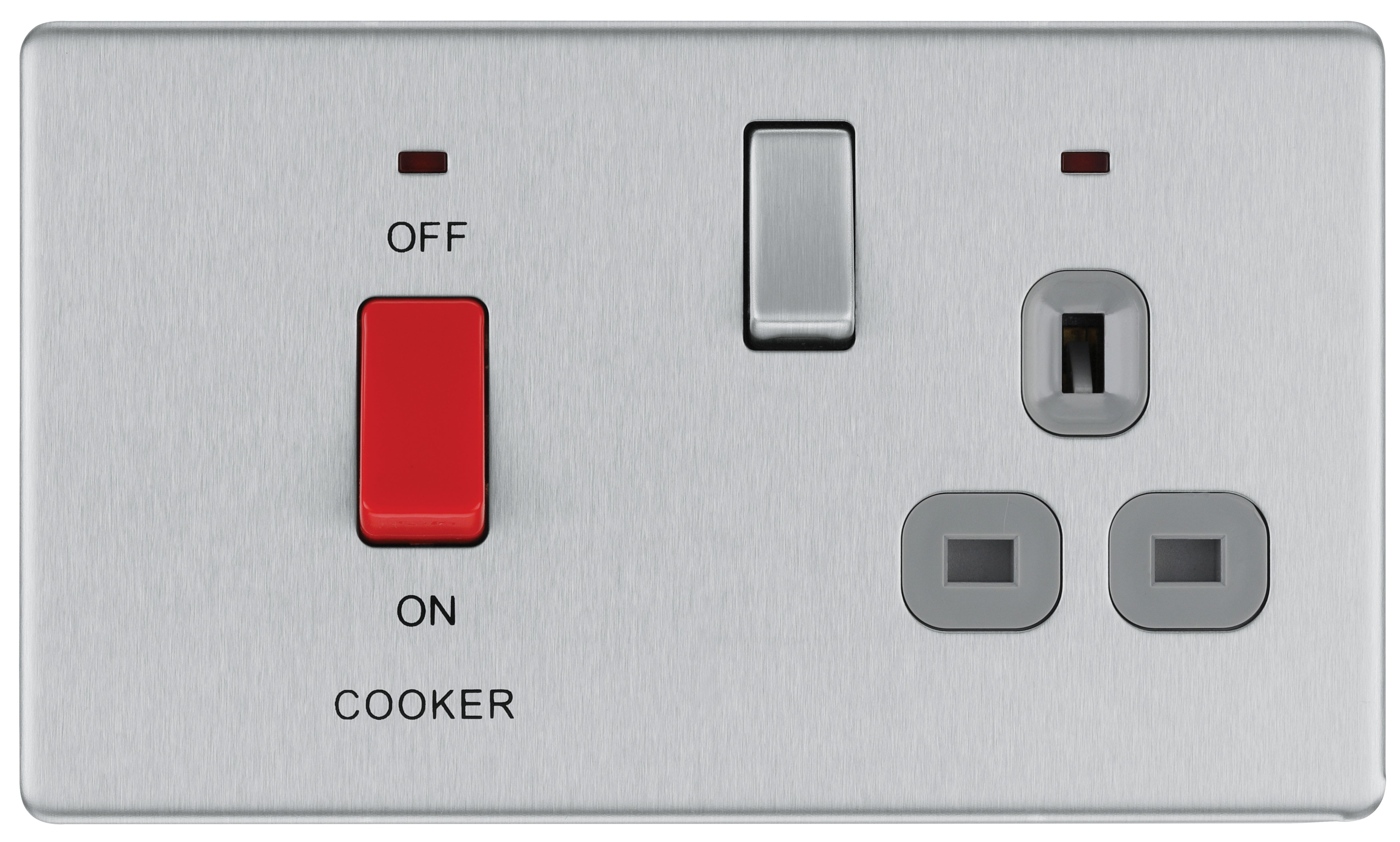 Image of BG Screwless Flat Plate 45 Amp Cooker Control Unit with Switched 13 Amp Power Socket Includes Power Indicators - Brushed Steel