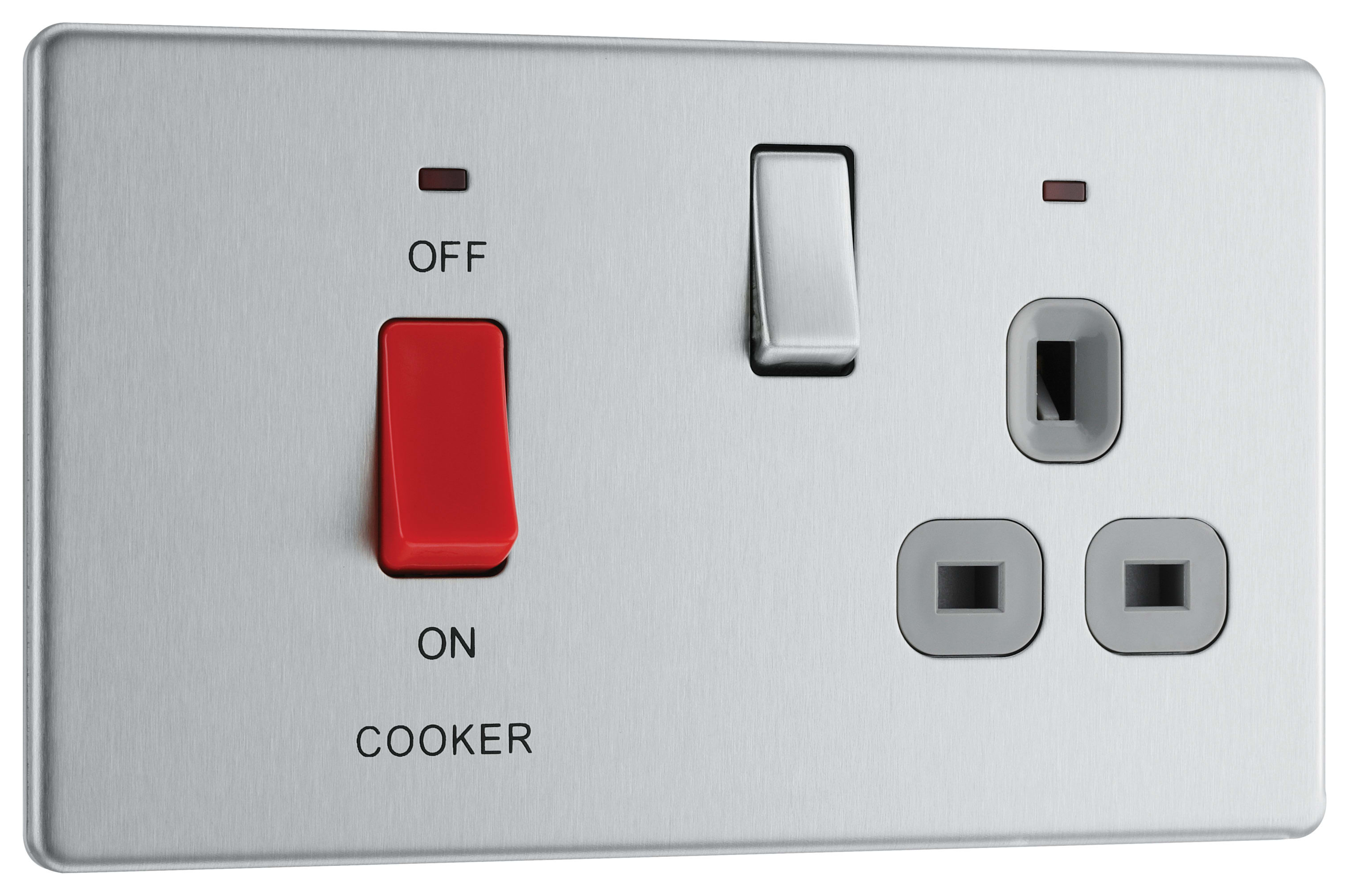 Image of BG Screwless Flat Plate 45 Amp Cooker Control Unit with Switched 13 Amp Power Socket Includes Power Indicators - Brushed Steel