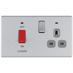 BG Screwless Flat Plate 45 Amp Cooker Control Unit with Switched 13 Amp Power Socket Includes Power Indicators - Brushed Steel