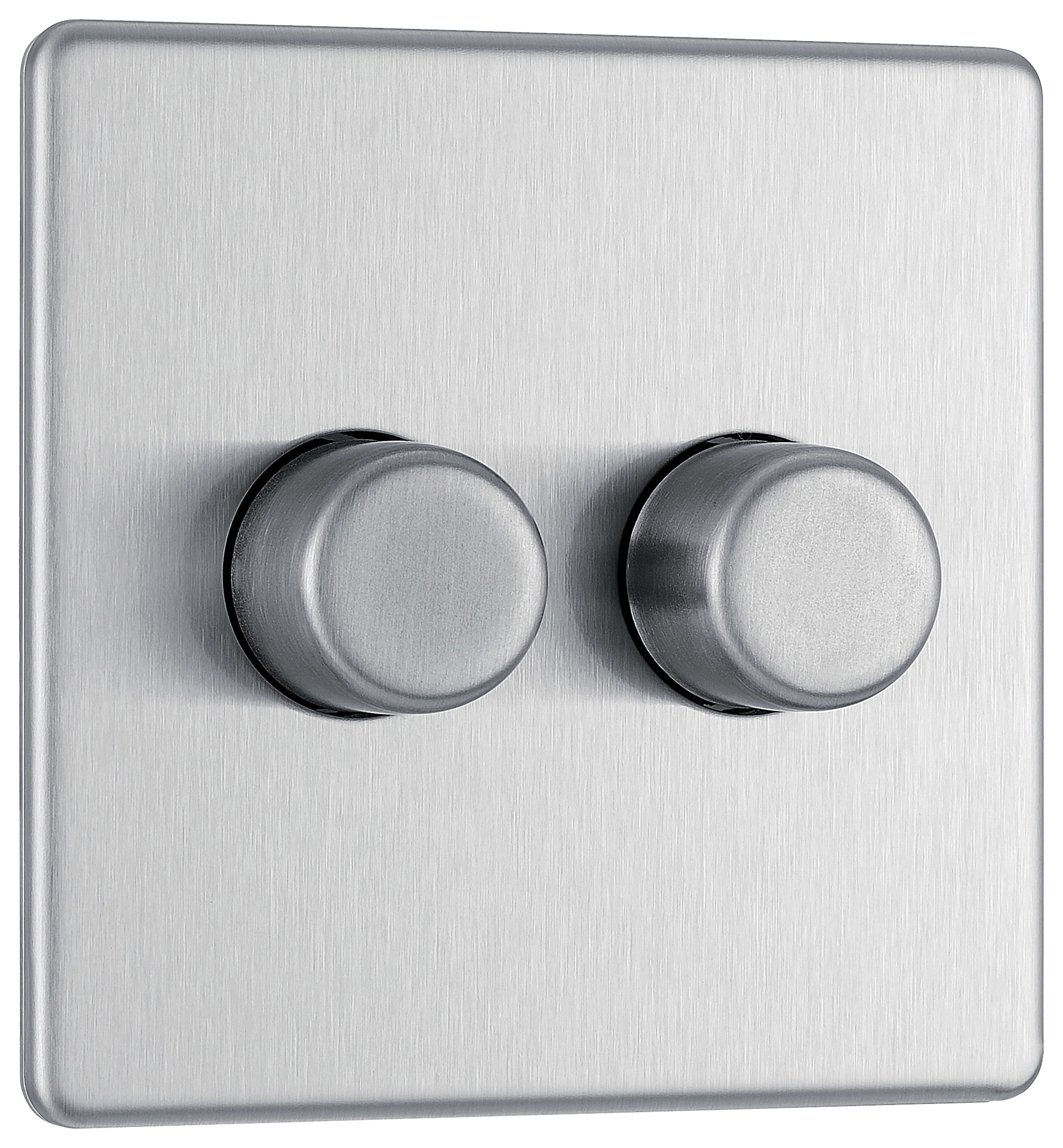 Image of BG Screwless Flatplate Brushed Steel 400W Double Dimmer Switch 2-Way Push On/Off