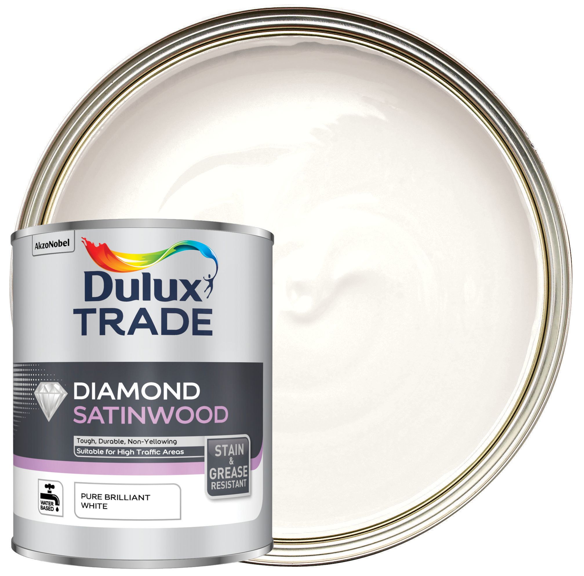 Image of Dulux Trade Diamond Satinwood Paint - Pure Brilliant White - 1L