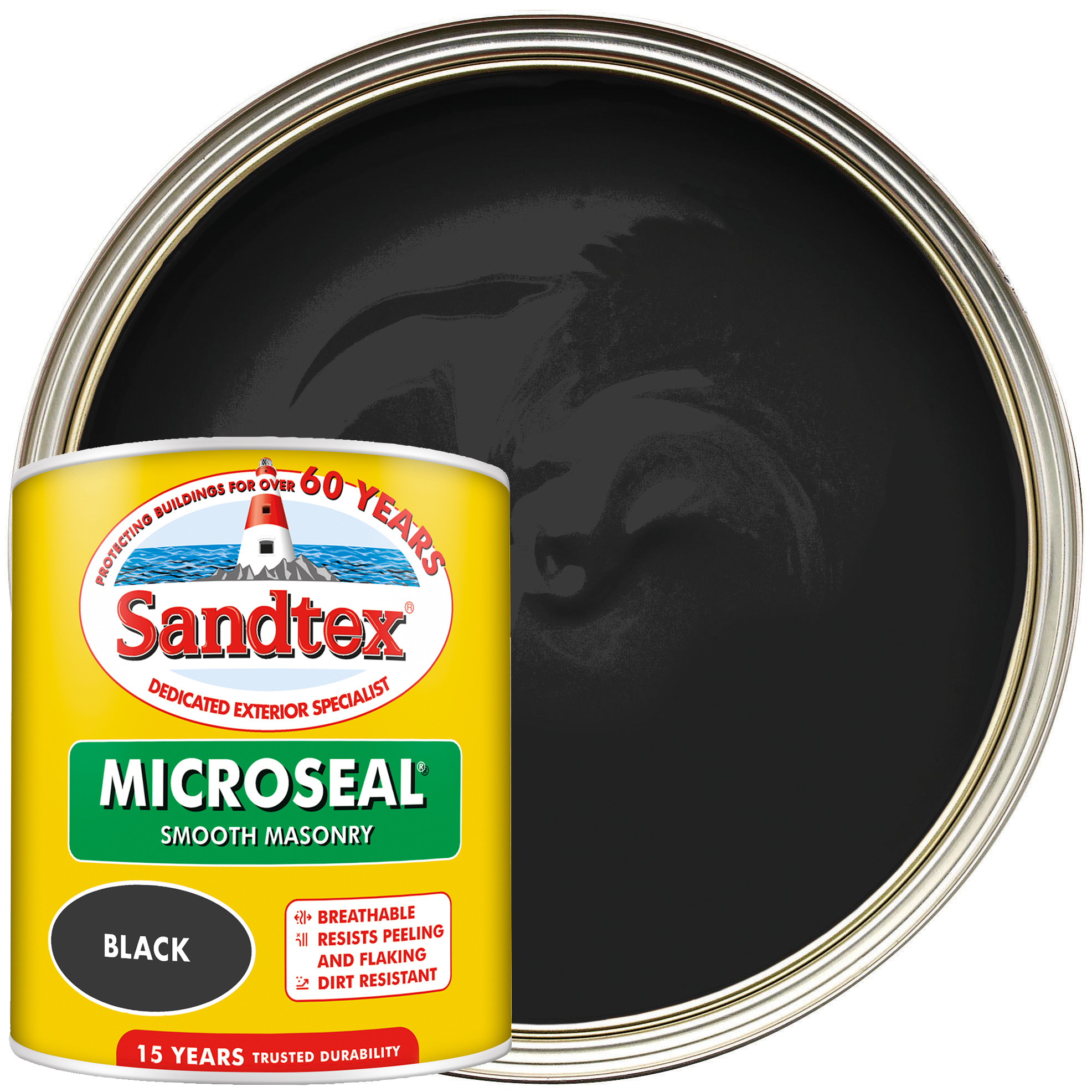 Image of Sandtex Microseal Ultra Smooth Weatherproof Masonry 15 Year Exterior Wall Paint - Black - 1L