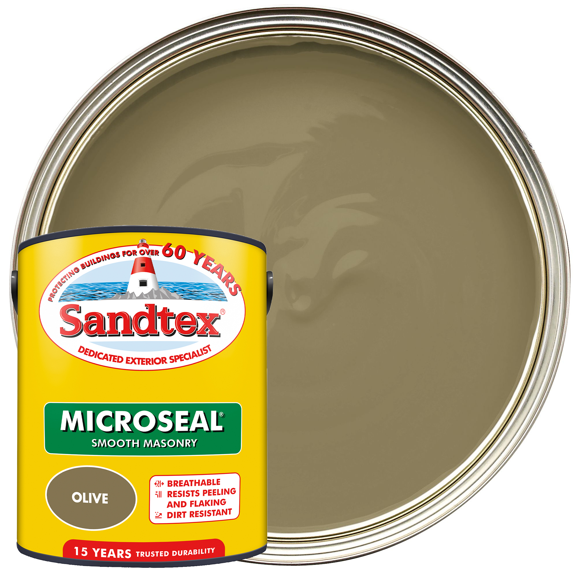 Image of Sandtex Microseal Ultra Smooth Weatherproof Masonry 15 Year Exterior Wall Paint - Olive - 5L