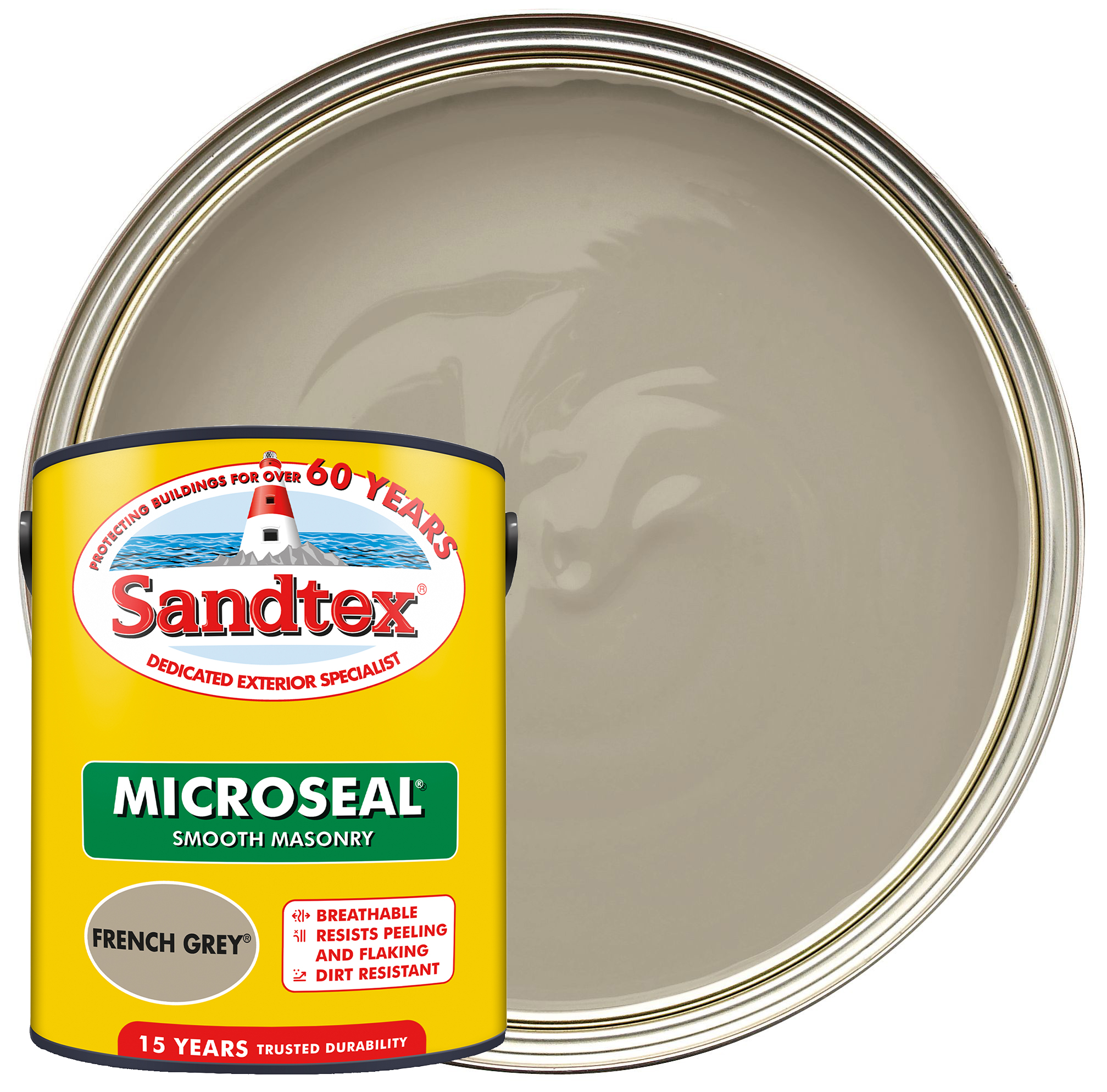 Sandtex Microseal Ultra Smooth Weatherproof Masonry 15 Year Exterior Wall Paint - French Grey - 5L