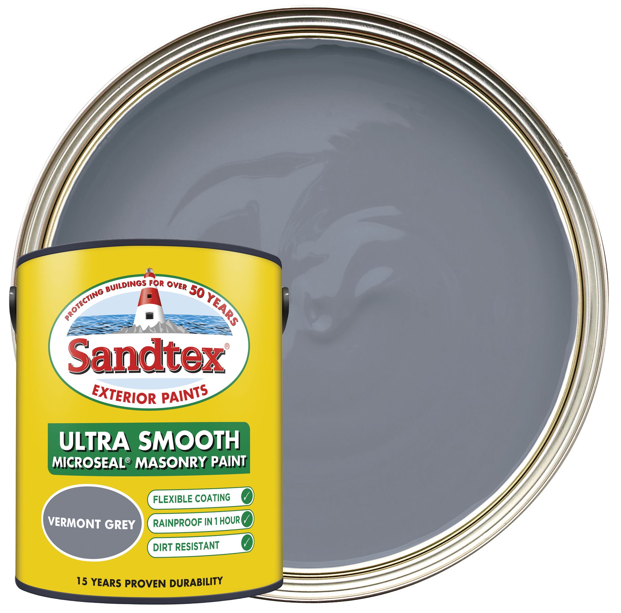 Sandtex Microseal Ultra Smooth Weatherproof Masonry 15 Year Exterior Wall Paint - Vermont Grey - 5L