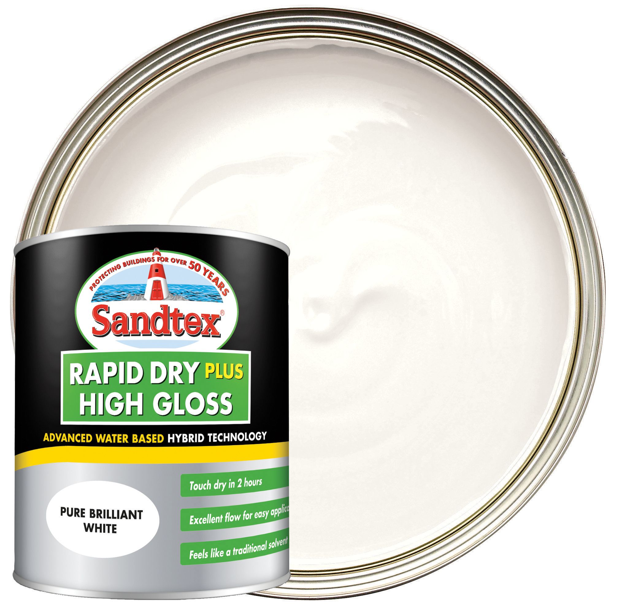 Sandtex Rapid Dry Plus High Gloss Paint - Pure Brilliant White - 750ml