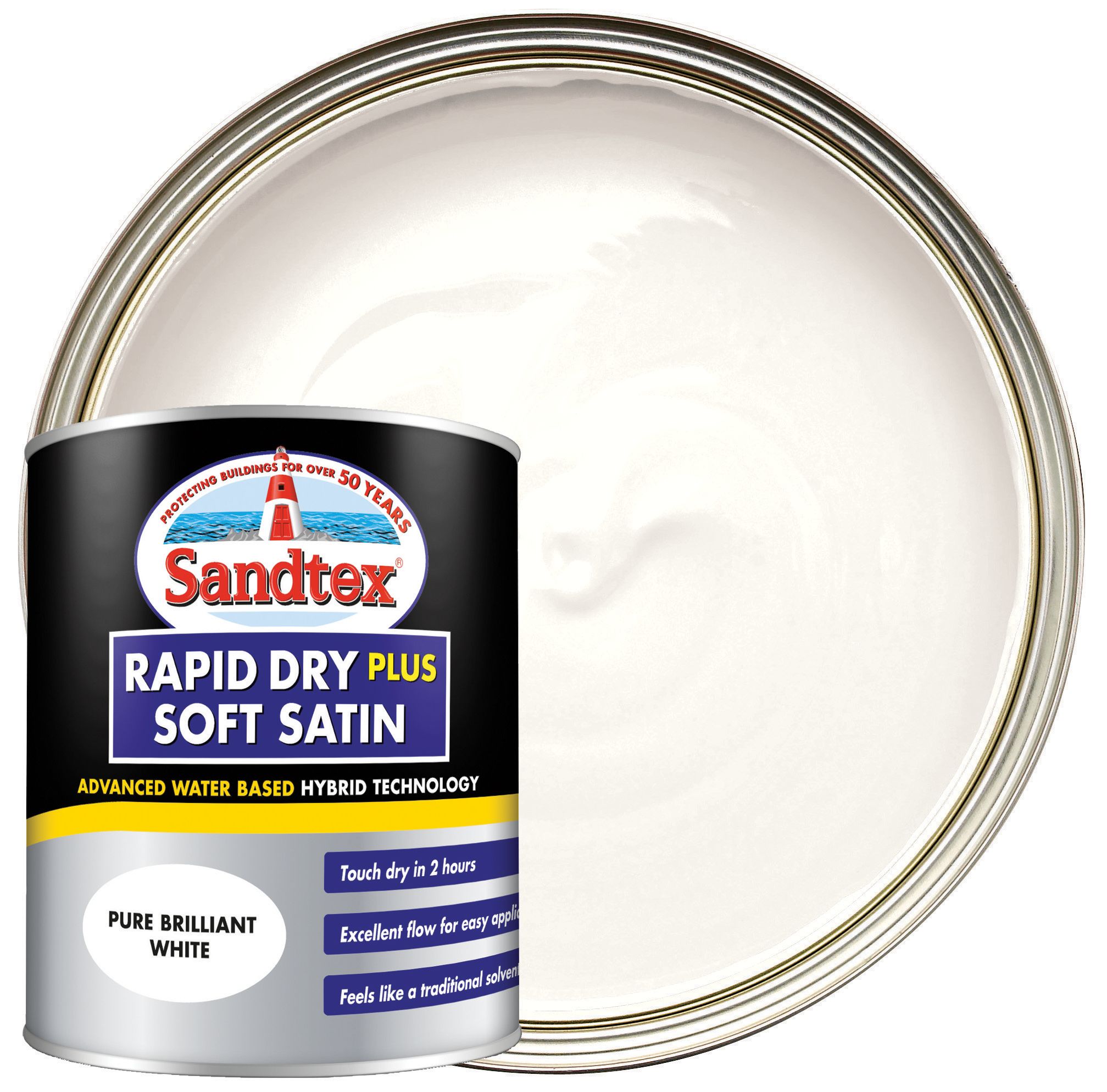 Image of Sandtex Rapid Dry Plus Soft Satin Paint - Pure Brilliant White - 750ml